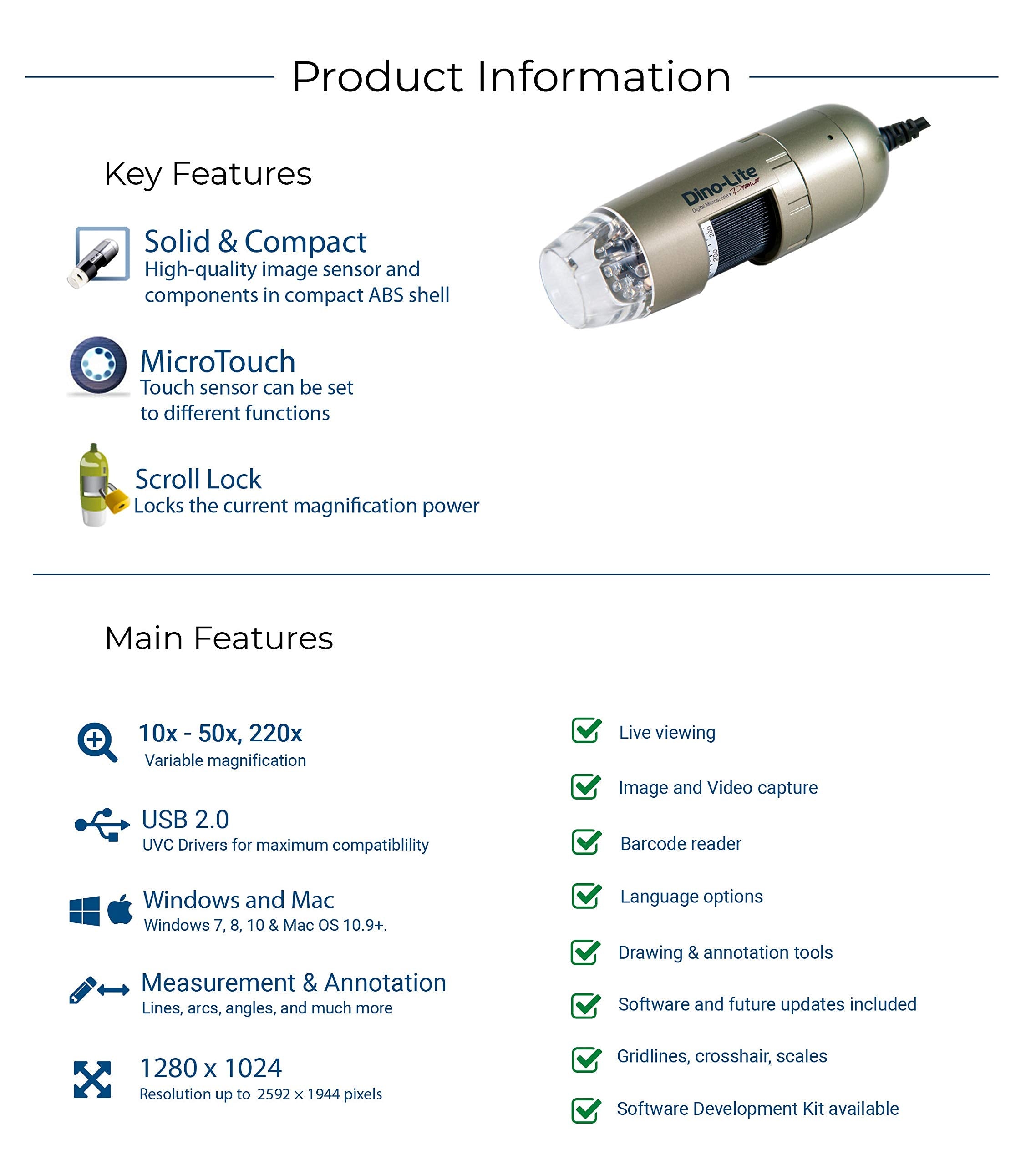 Dino Lite Usb Digital Microscope Am4113T   1.3Mp, 10X   50X, 220X Optical Magnification, Measurement