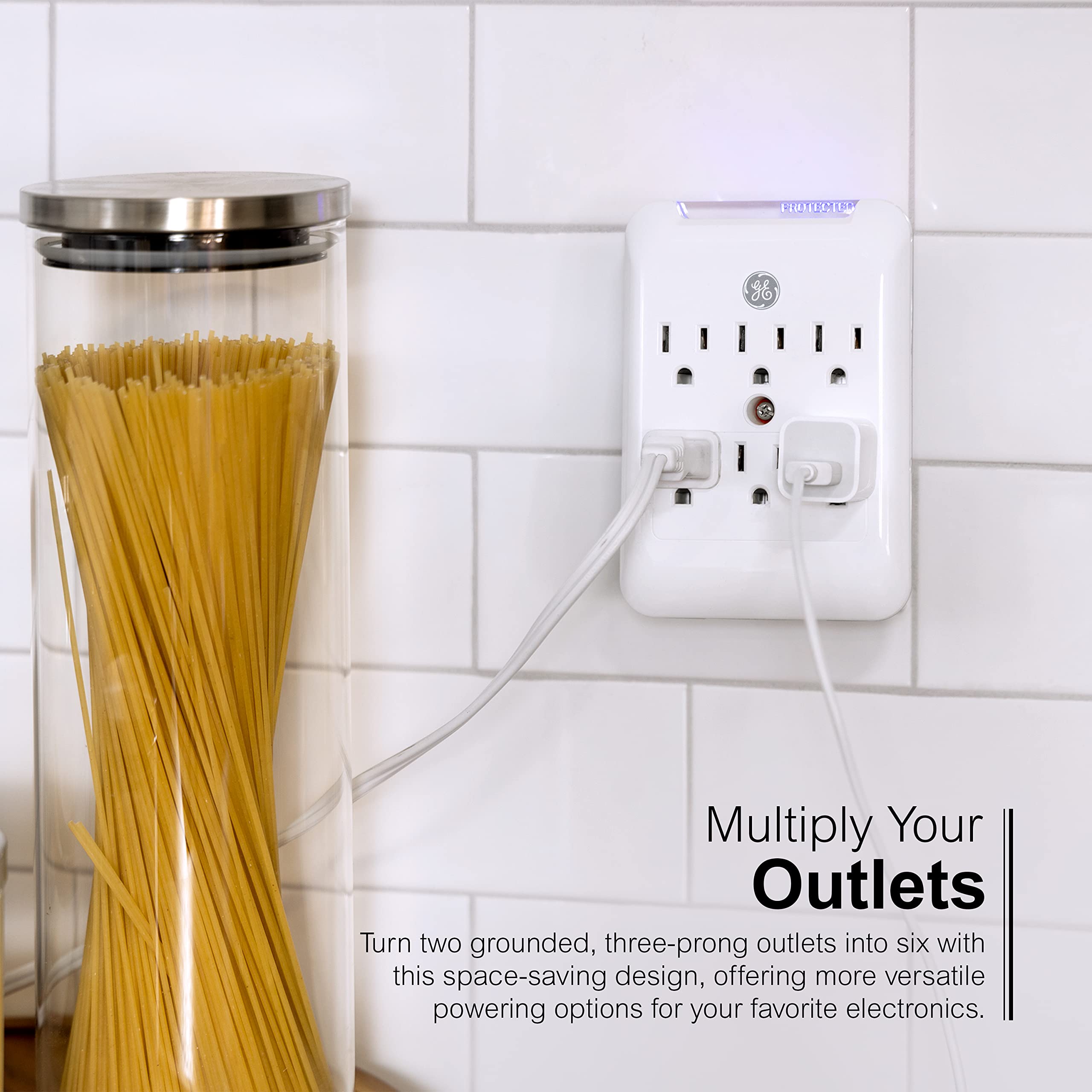 Ge Pro 6 Outlet Extender, Surge Protector, Charging Station Wall Tap, Protected Indicator Led, 3 Prong, 540 Joules, Warranty, Ul