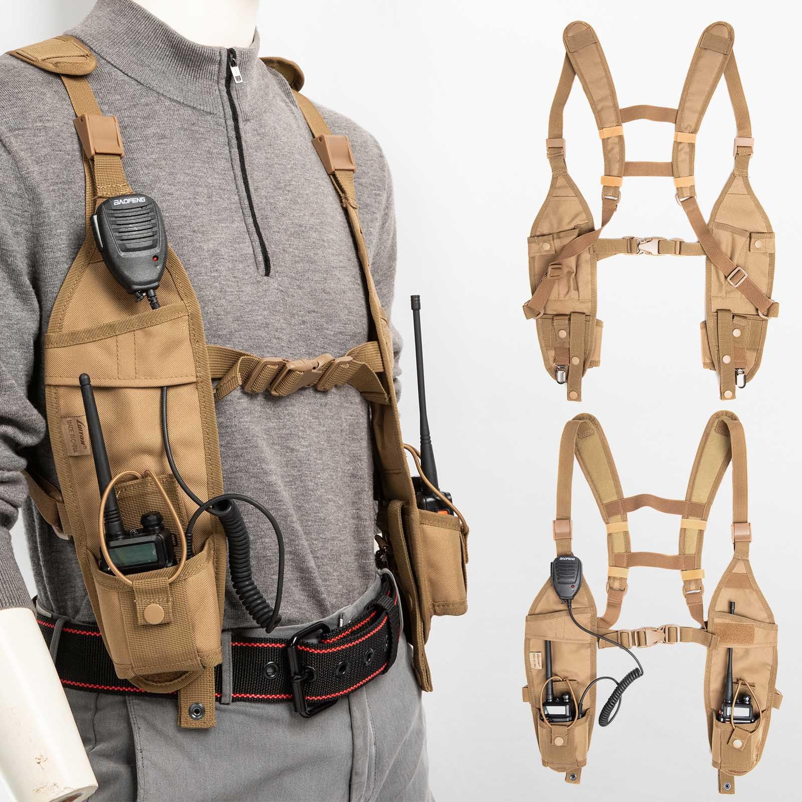 Radio Shoulder Harness Holster Chest Holder Universal Vest Rig For Police Firefighter Two Way Radio Search Rescue Essentials (Khaki)