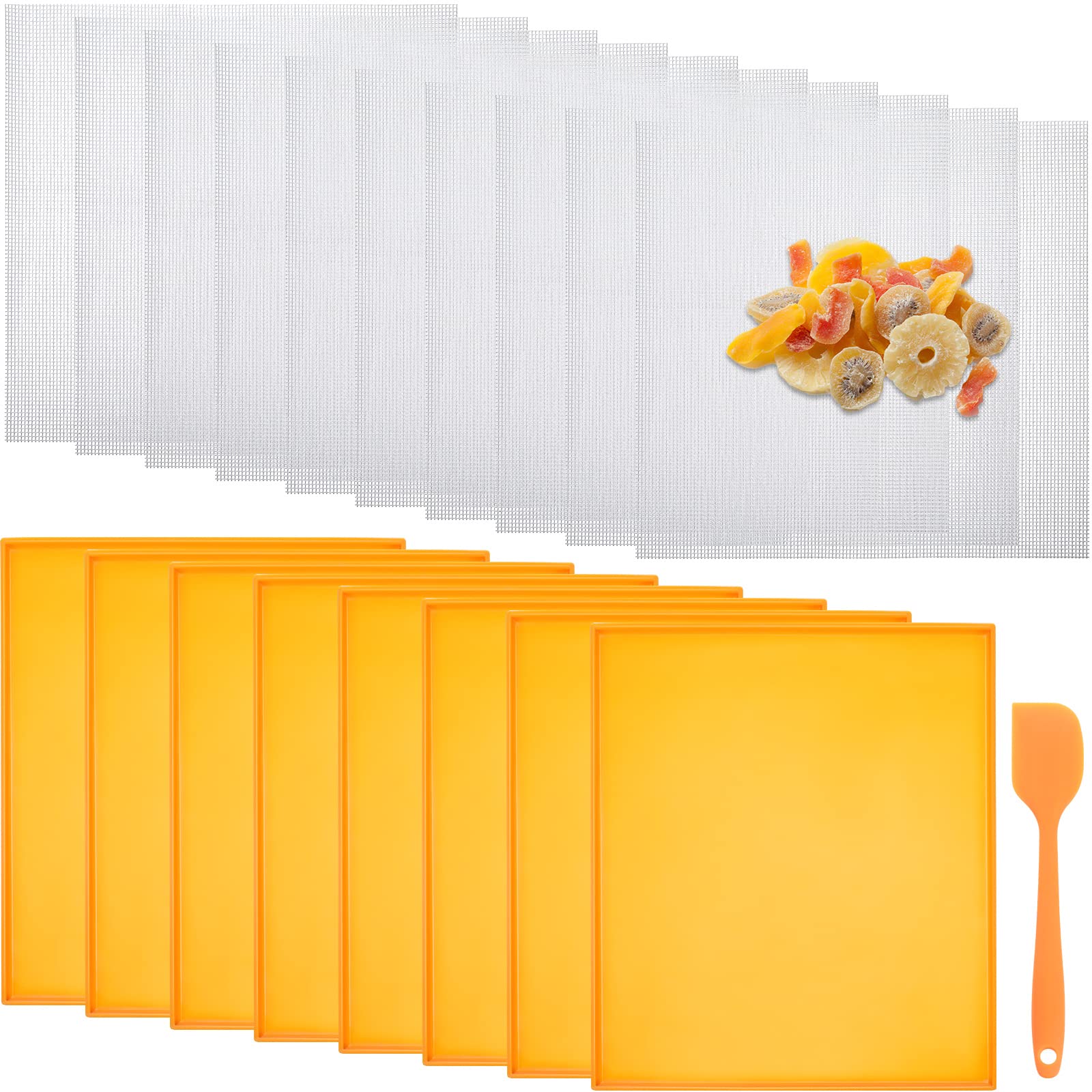 Thenshop 8 Silicone Dehydrator Mats & 10 Mesh Dryer Mats and 1 Baking Scraper, Reusable Non Stick Silicone Dehydrator Tray with 