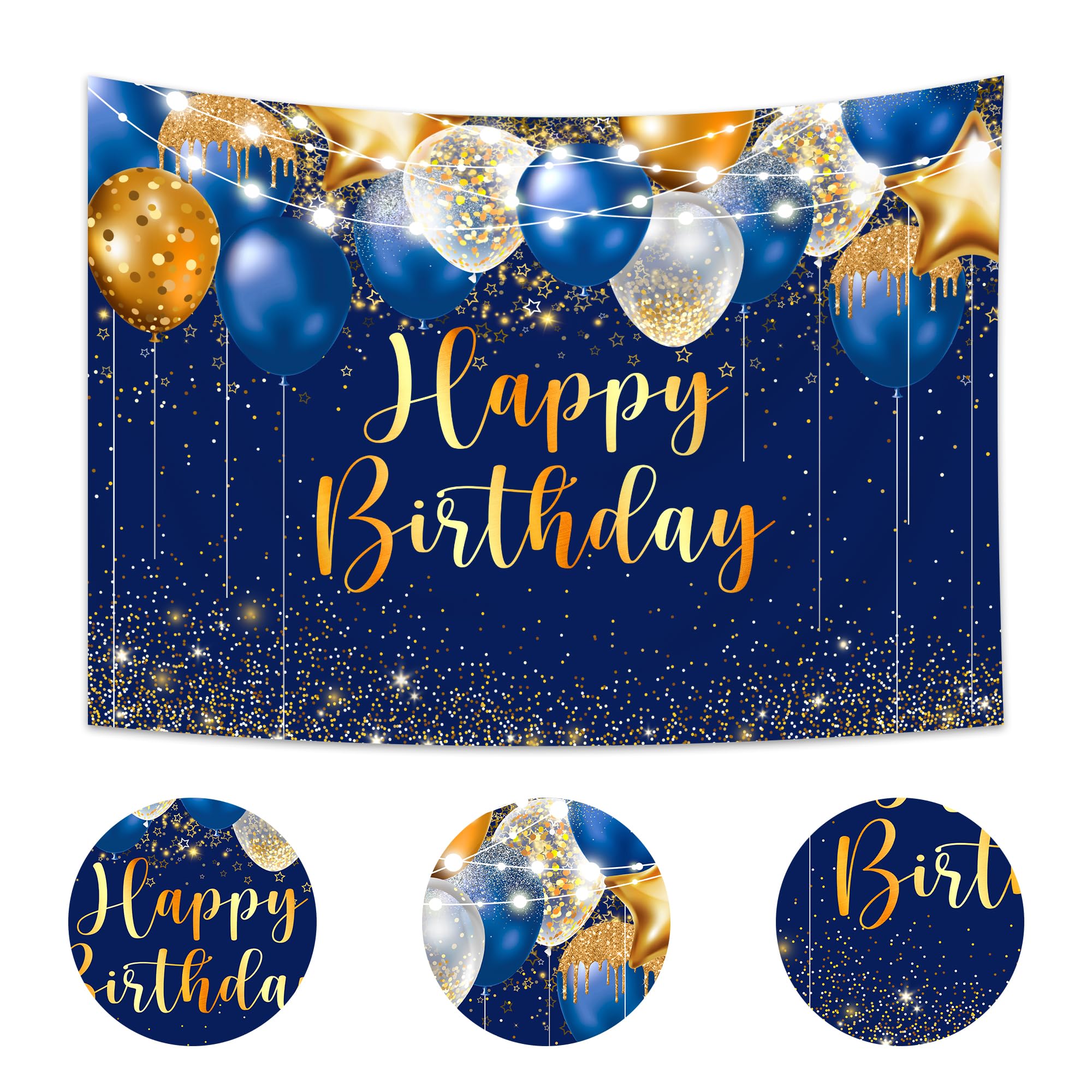 Imirell Royal Blue Gold Birthday Men Backdrop 7Wx5H Feet Boys Balloons Modern Golden Ceremony Stars Polyester Fabric Shining Spa