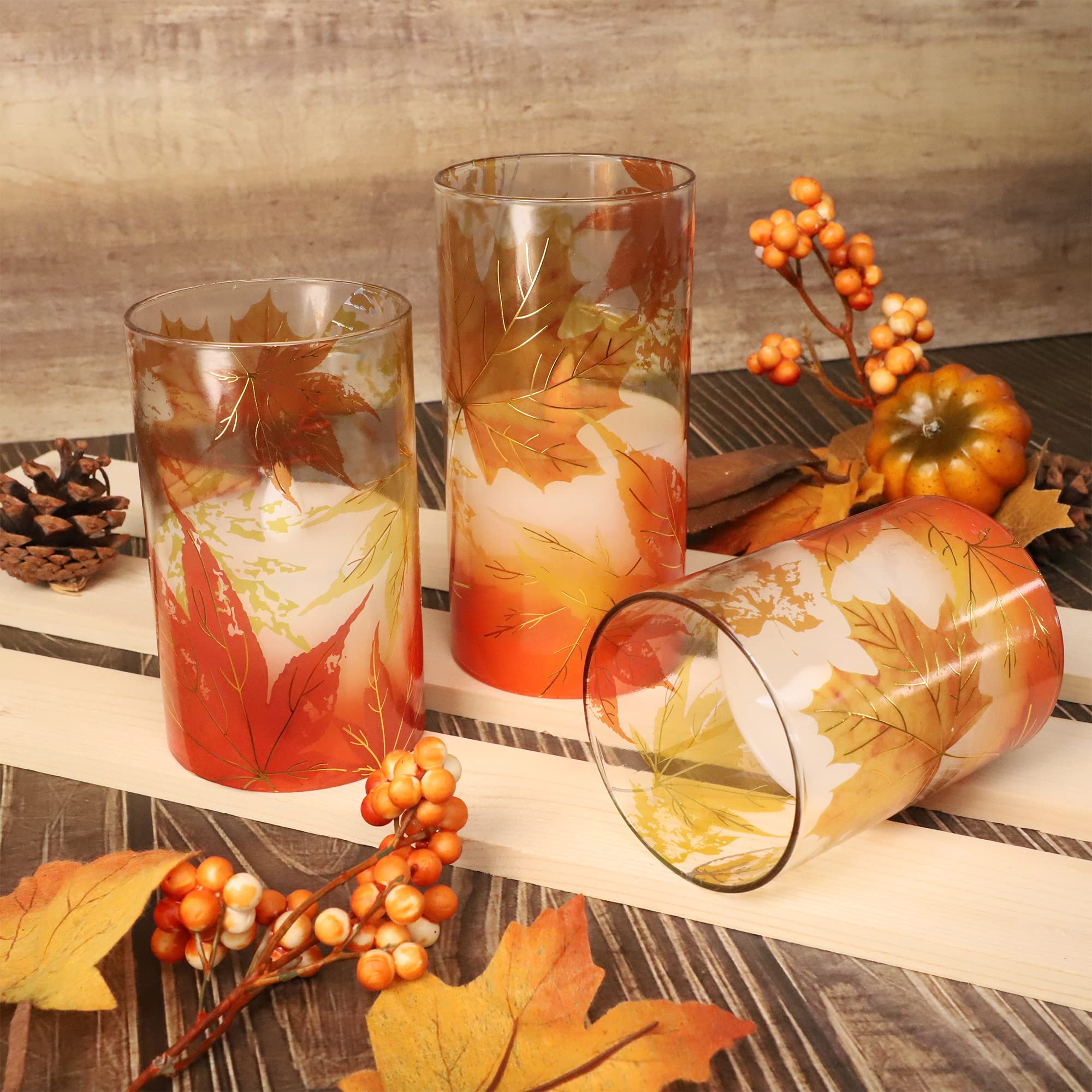 Crystal Club Fall Flameless Candles, Autumn Maple Leaves Led Flickering Candles With Remote And Timer, Battery Operated Glass Ef