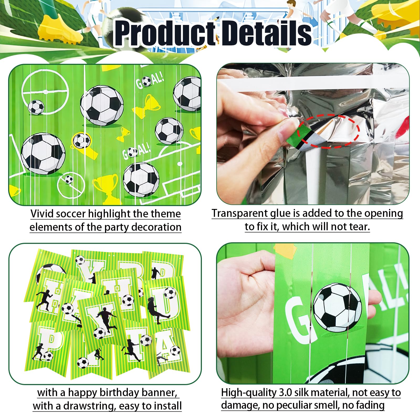 3 Pack Soccer Birthday Party Decorations With 2Pcs Green Metallic Tinsel Foil Fringe Curtains And 1Pcs Birthday Banner For Photo