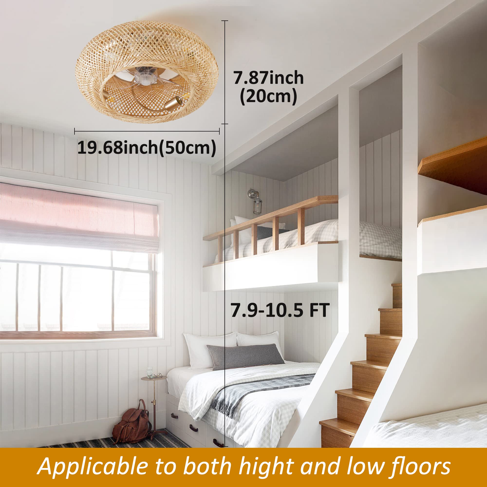 20'' Boho Ceiling Fans With Lights And Remote Control,Rattan Caged Flush Mount Ceiling Fan With Light, Enclosed Timing 6 Speeds