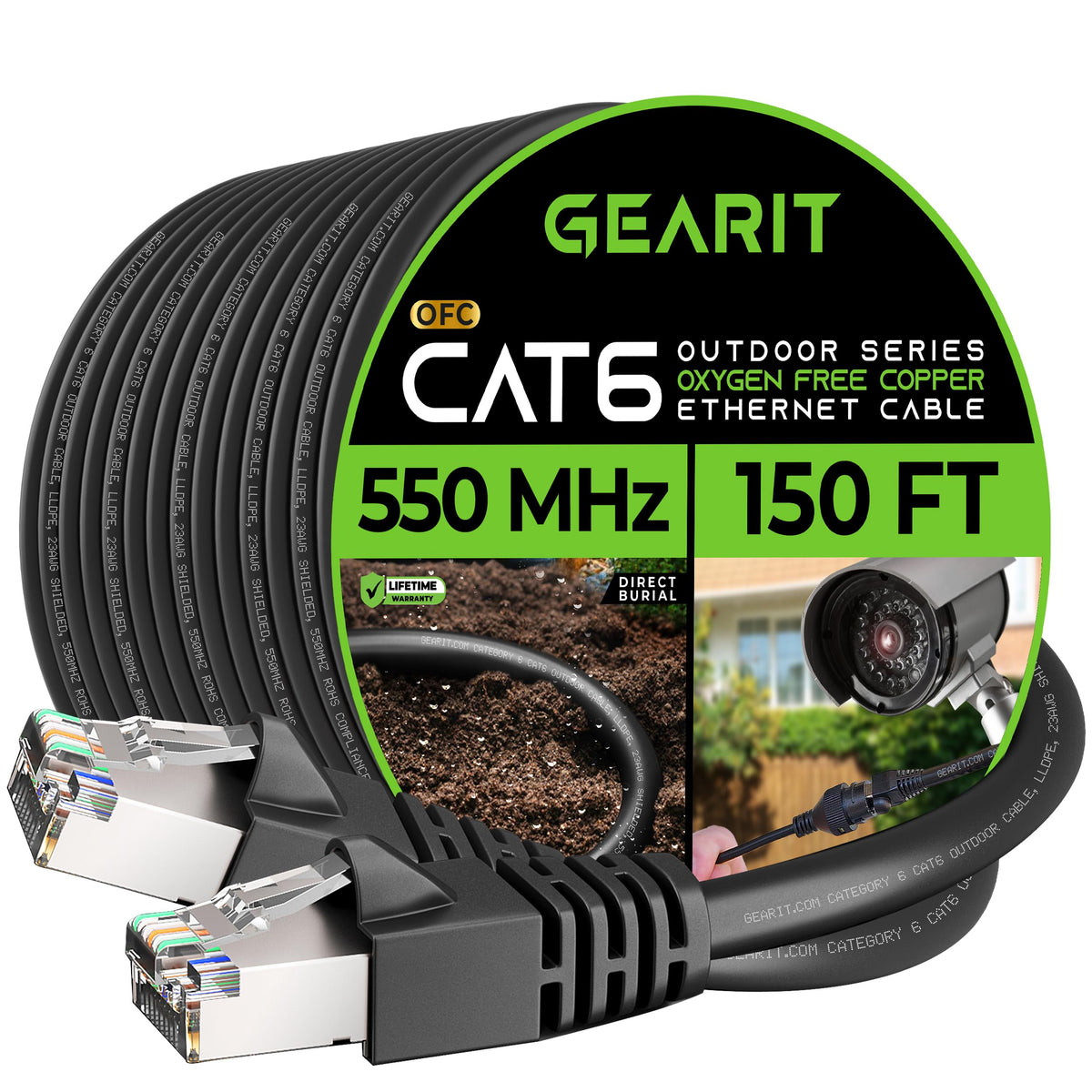 Gearit Cat6 Outdoor Ethernet Cable (150Ft) 23Awg Pure Copper, Ftp, Lldpe, Waterproof, Direct Burial, In Ground, Uv Resistant, Po