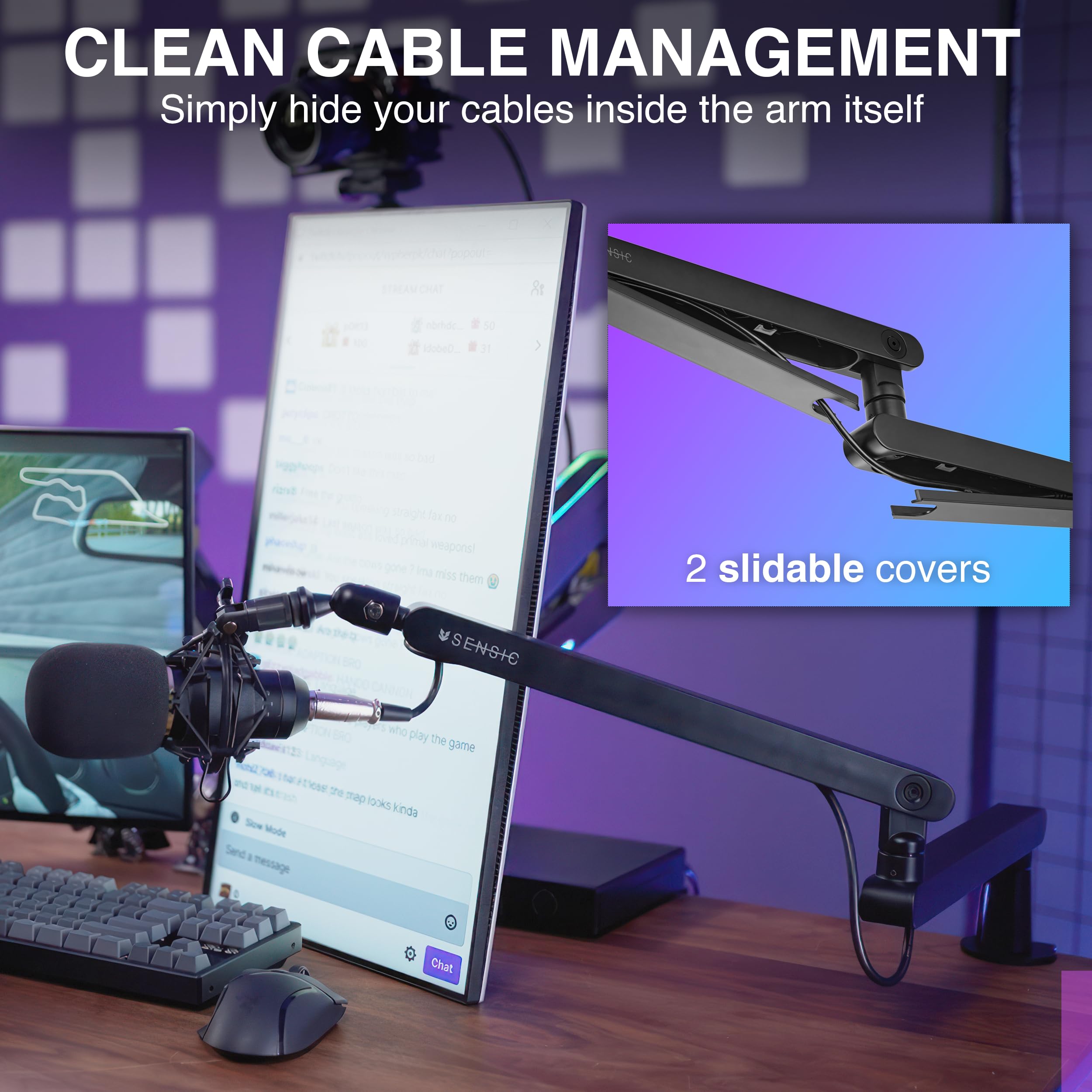 Sensic Sa-30 Lp Low Profile Microphone Boom Arm, 360 Rotatable Mic Stand, Low Profile Microphone Arm For Streaming With Cable Ma