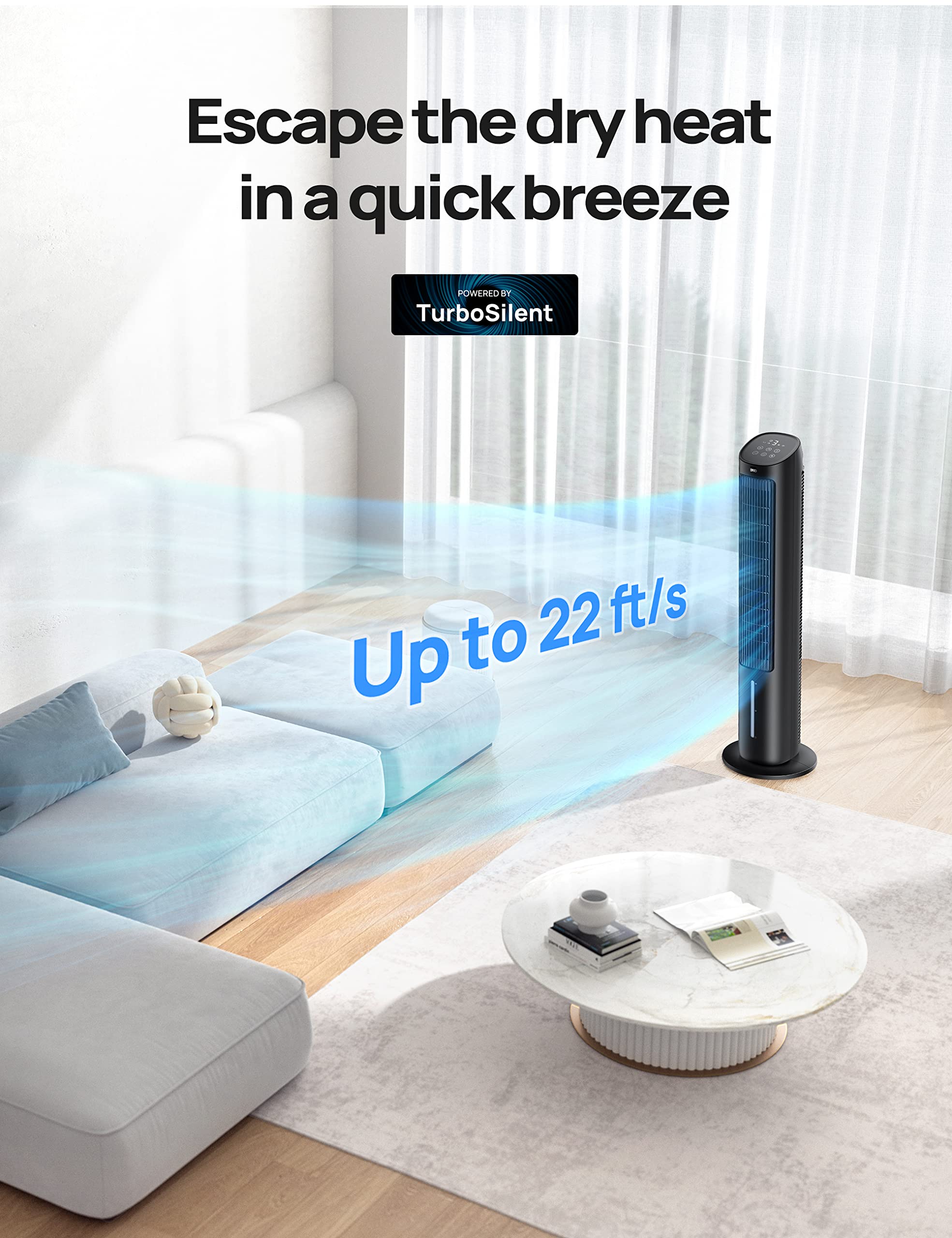 Dreo Tower Fan, 40    Fans That Blow Cold Air, 80 Oscillating, Removable Water Tank, Remote Control, 4 Speeds, 7H Timer, Bedroom