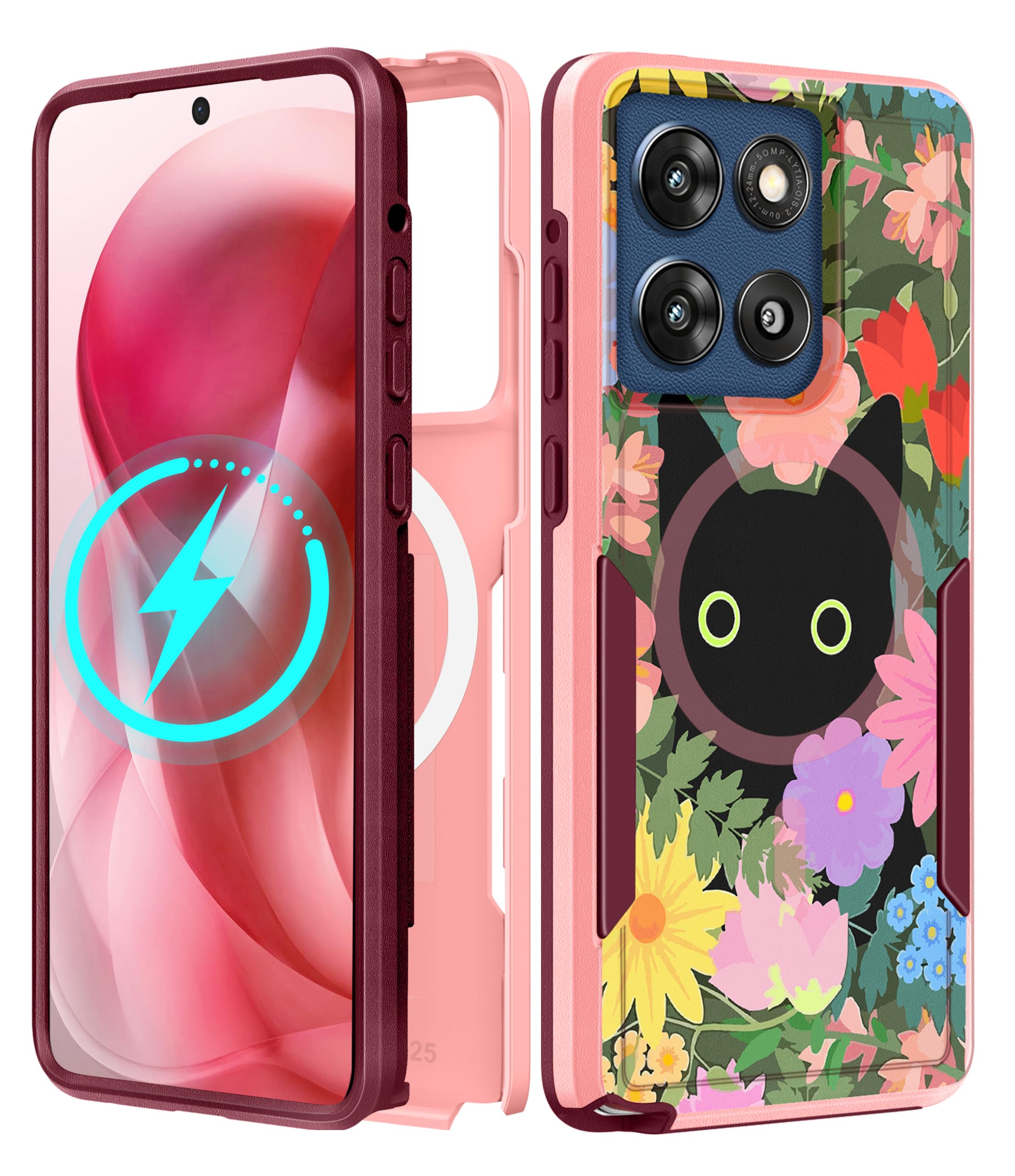 LISEVO for Moto G Stylus 2025 Case - Compatible with MagSafe Women Cute Girls Magnetic Phone Cover Girly Cat Flower Floral Heavy