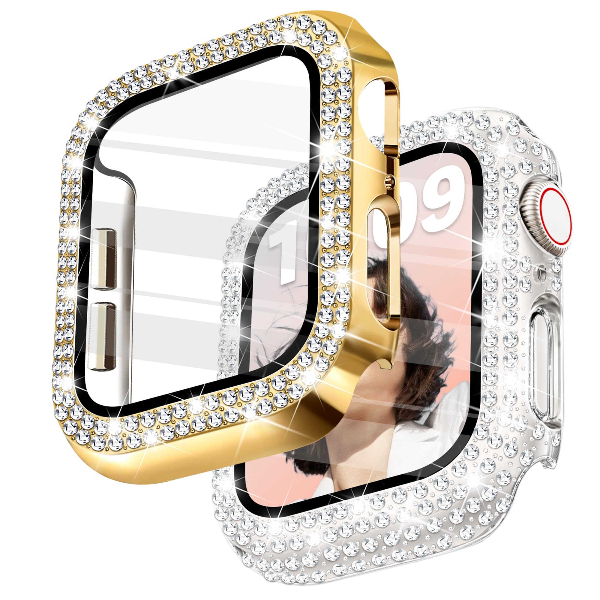 Newlibery 2-Pack Bling Case with HD Screen Protector Women Compatible with Apple Watch 41mm Diamond PC Bumper Full Protective Fa