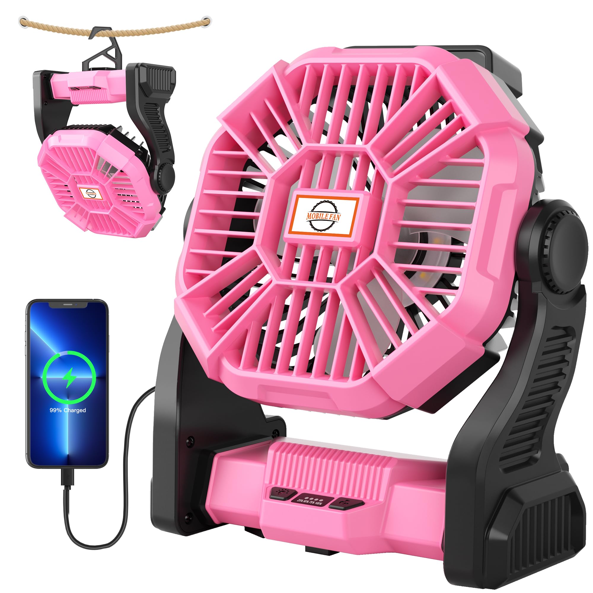 Tdlol Rechargeable Fan Battery Powered Fan,Portable Camping Fan With Led Lights & 360Hook,Battery Operated Fan For Camping,Cordl