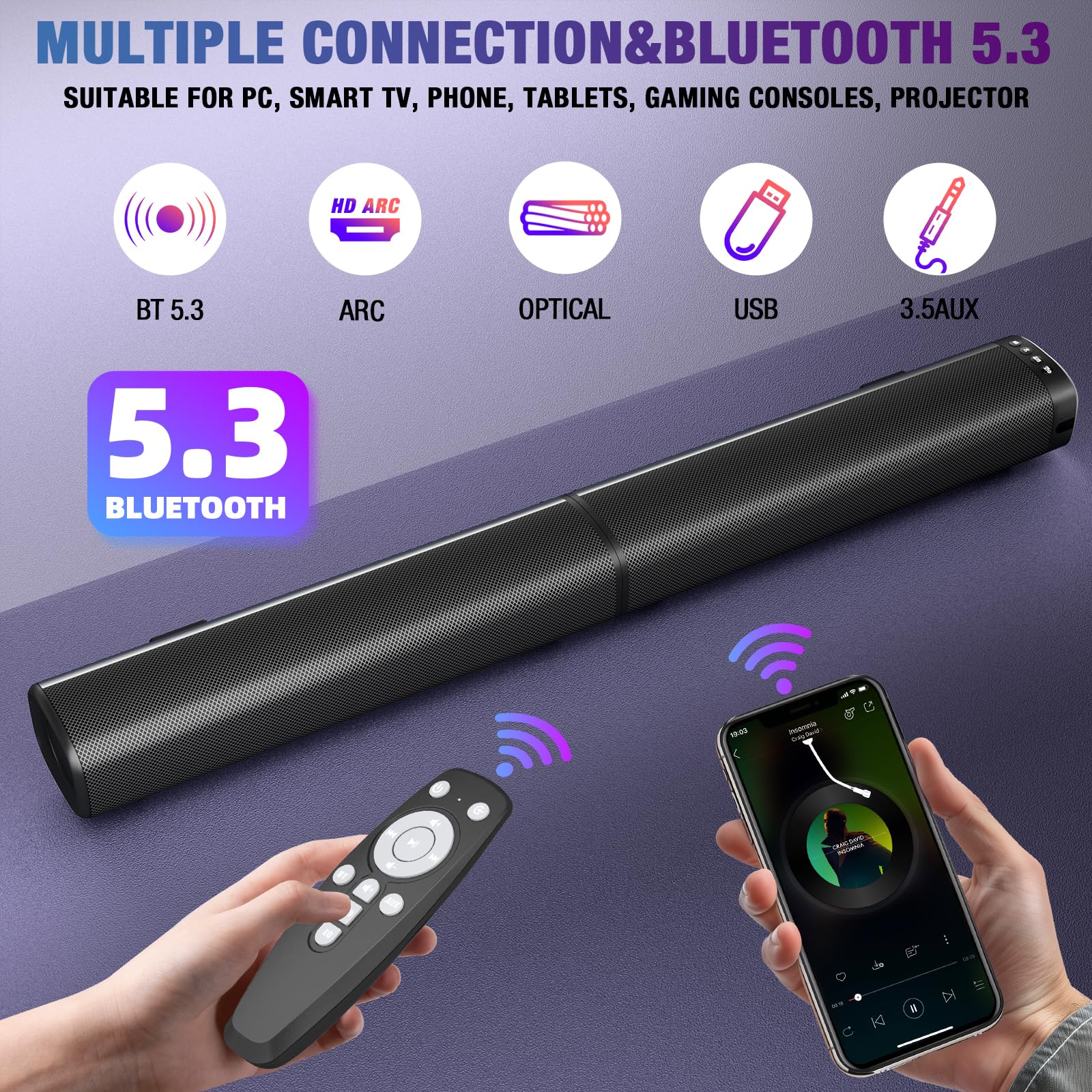 Yenjuty Sound Bar, 100W Sound Bar For Smart Tv, Bluetooth 5.3 Soundbar, 2 In 1 Detachable Home Speaker Bass Effect, Home Theater