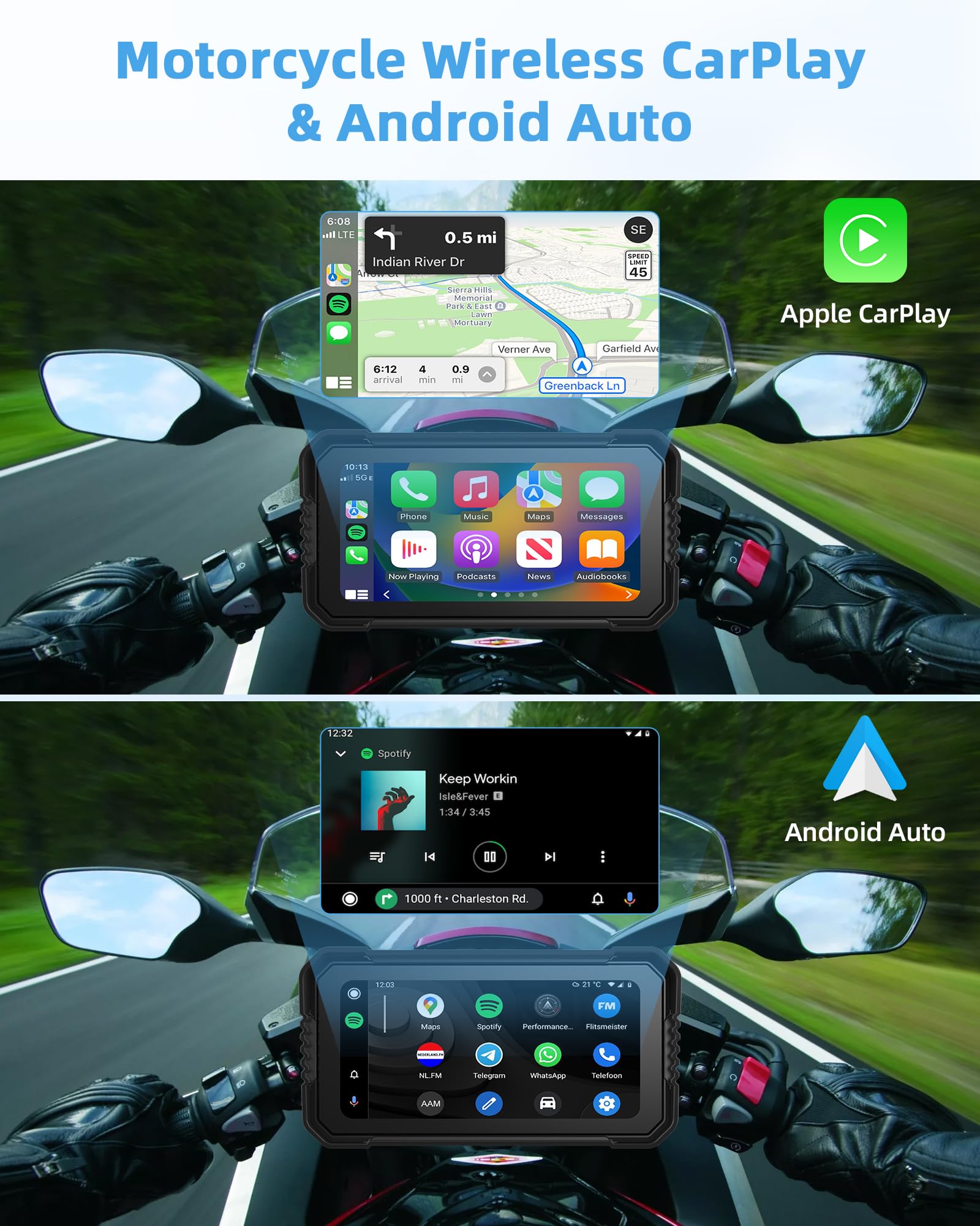 Jelkuz 4K Motorcycle Carplay 6.25 Inch Carplay Motorcycle Screen/Android Auto For Moto Dash Cam With Dual Cameras Gps Navigation