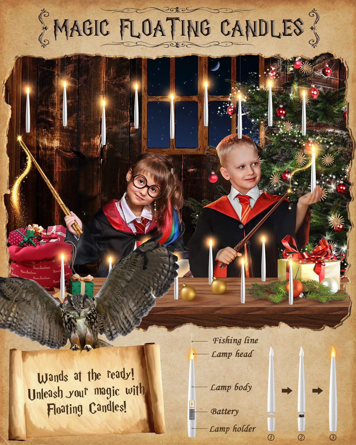 Tlpuhu Floating Candles With 2 Wand   24 Pack Christmas Decorations Magic Flameless Candles Flickering Warm Light Led Hanging Ca