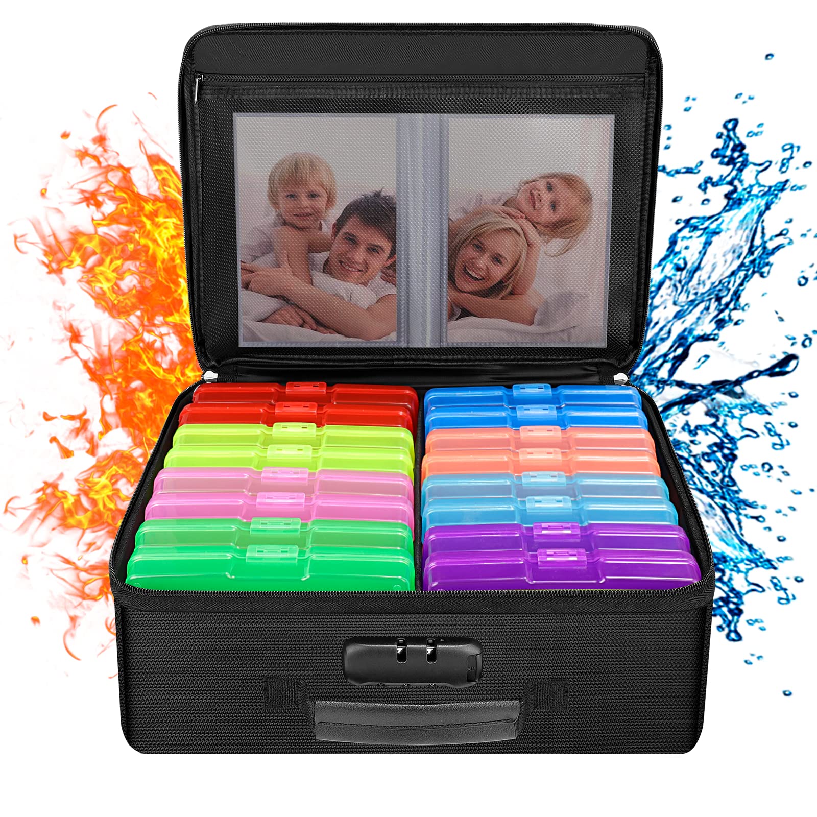 Engpow Fireproof Photo Storage Box With 16 Inner 4'' X 6'' Photo Cases(Multi Colored), Photo Organizer Box With Lock,Collapsible