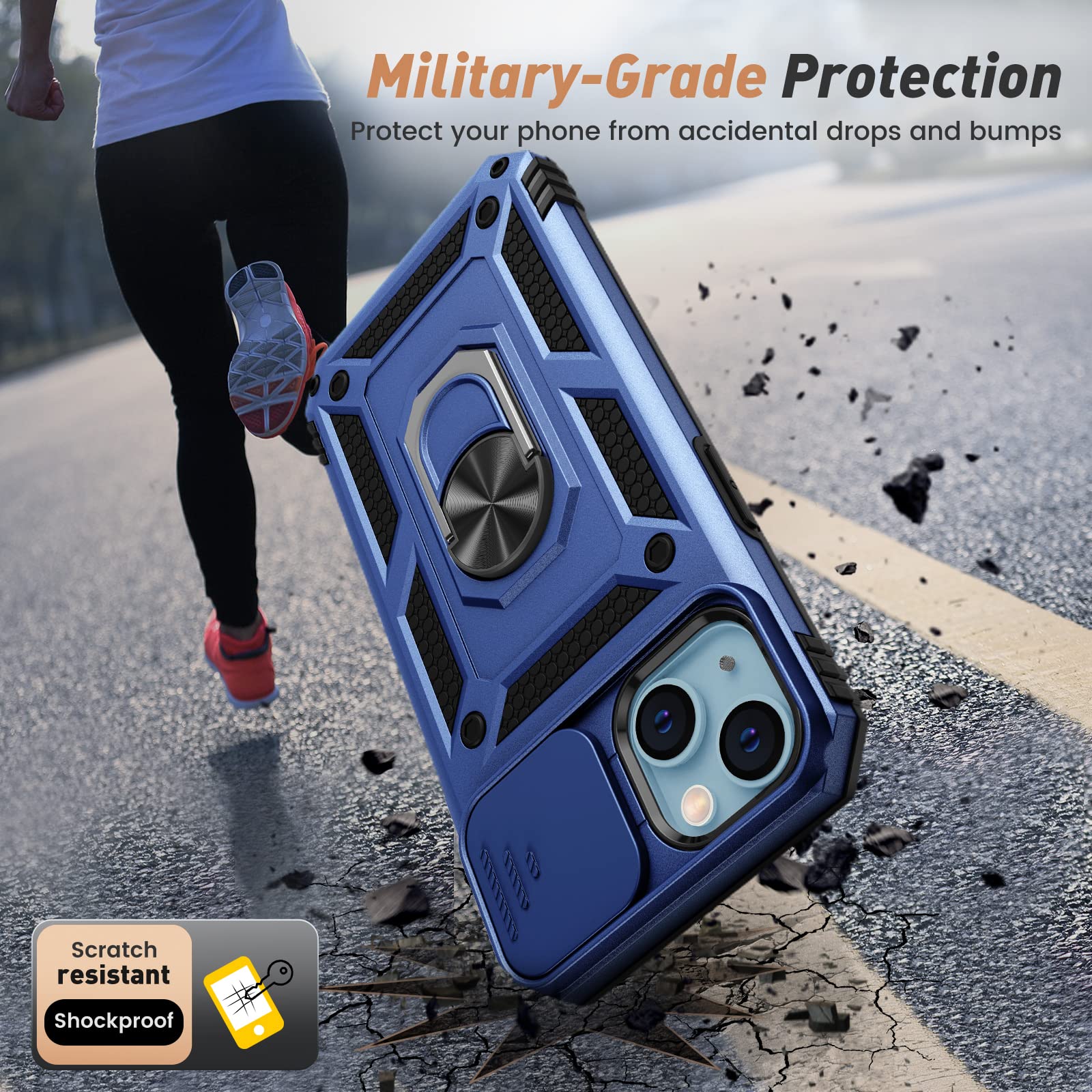 Goton For Iphone 14 Plus Case With Screen Protector   Slide Camera Cover Phone Case With Ring Stand, Heavy Duty Military Grade S