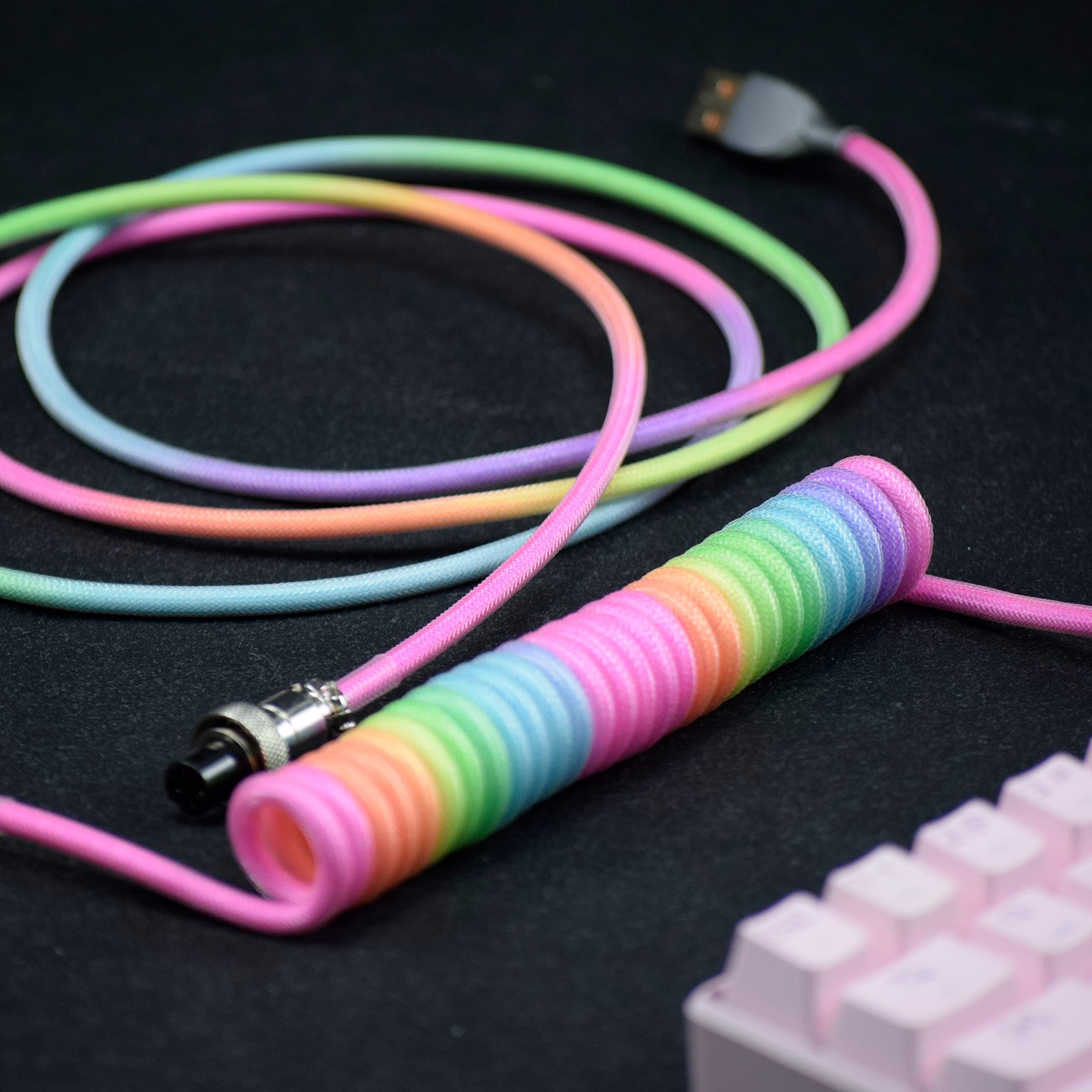 Zdawnn Braided Keyboard Cables 1.5M Coiled Type C To Usb A With Detachable Aviator Connector.For Gaming Keyboard/Tablet (Rainbow