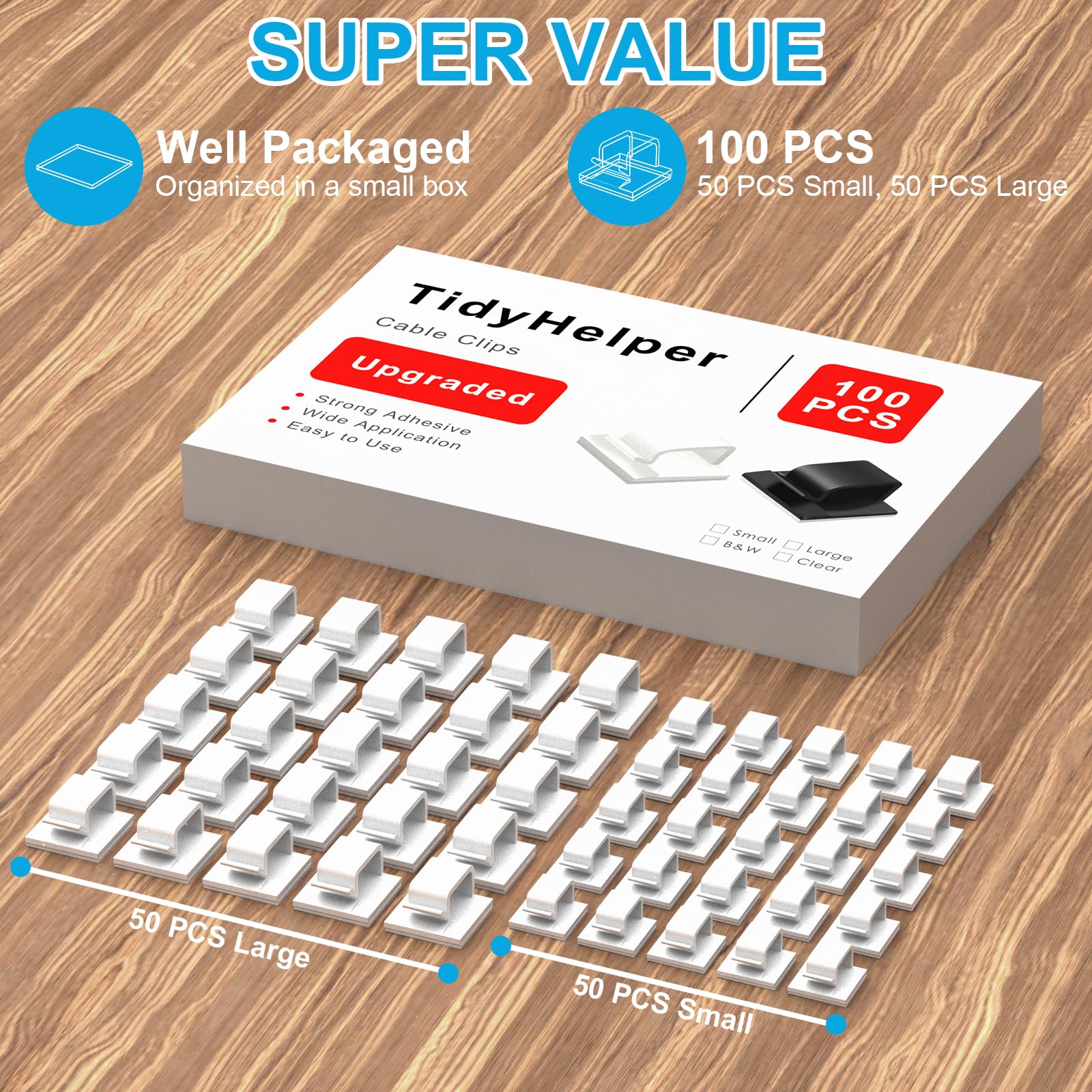 100 Pcs Adhesive Cable Clips White (Small & Large), Upgraded Wall Wire Holder For Cord Organizer Cable Management, Outdoor Light