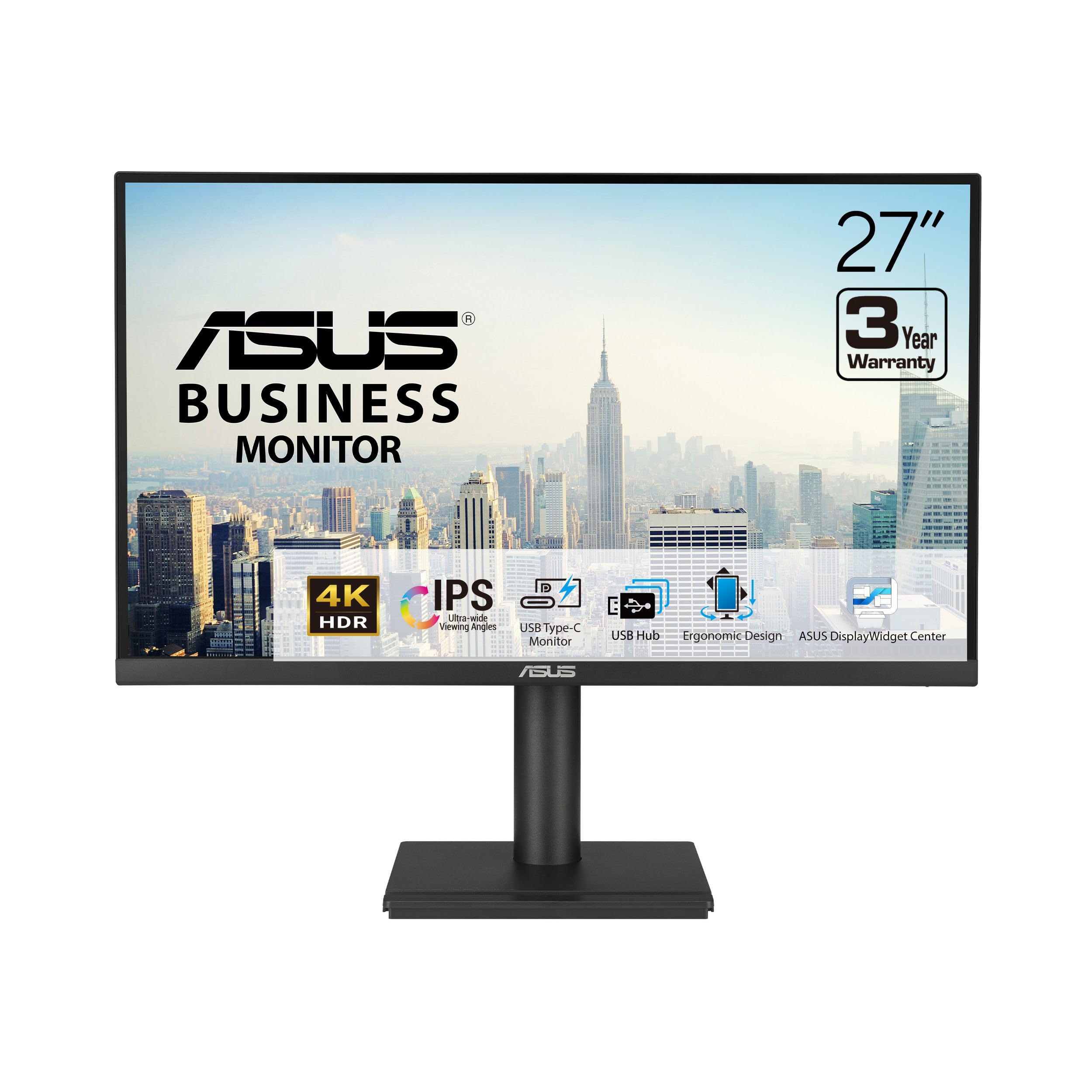 ASUS 27 4K Business Monitor (VA27UCPS)  UHD (3840 x 2160), IPS, 99% sRGB, HDR10, USBC PD65W, USB Hub, Speakers, Eye Care, 