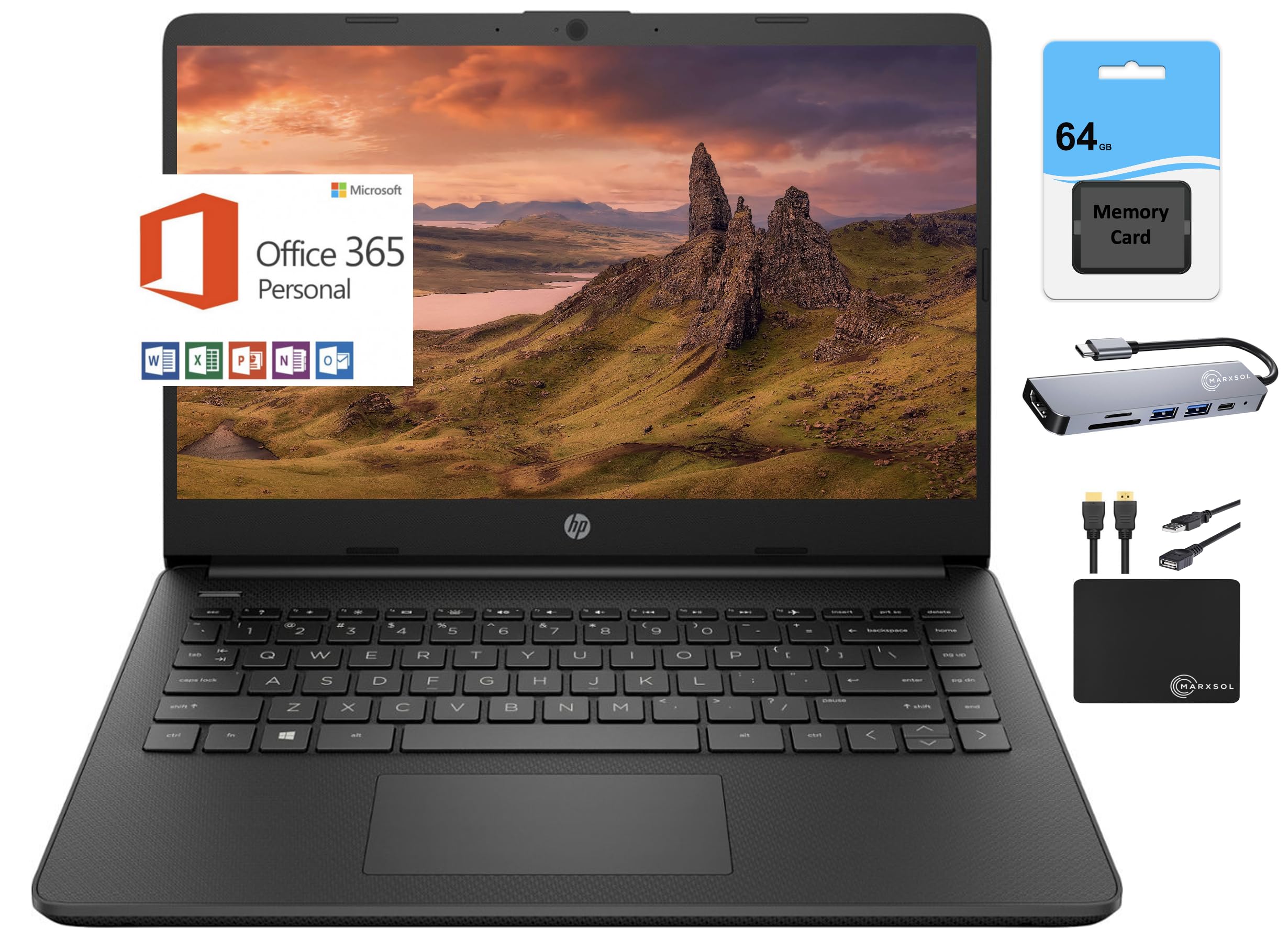 Hp Newest 14'' Hd Light Thin Laptop Student Business, Quad Core Intel N4120, 4Gb Ram, 128Gb (64Gb Emmc+ 64Gb Sd), Webcam, Wi Fi,