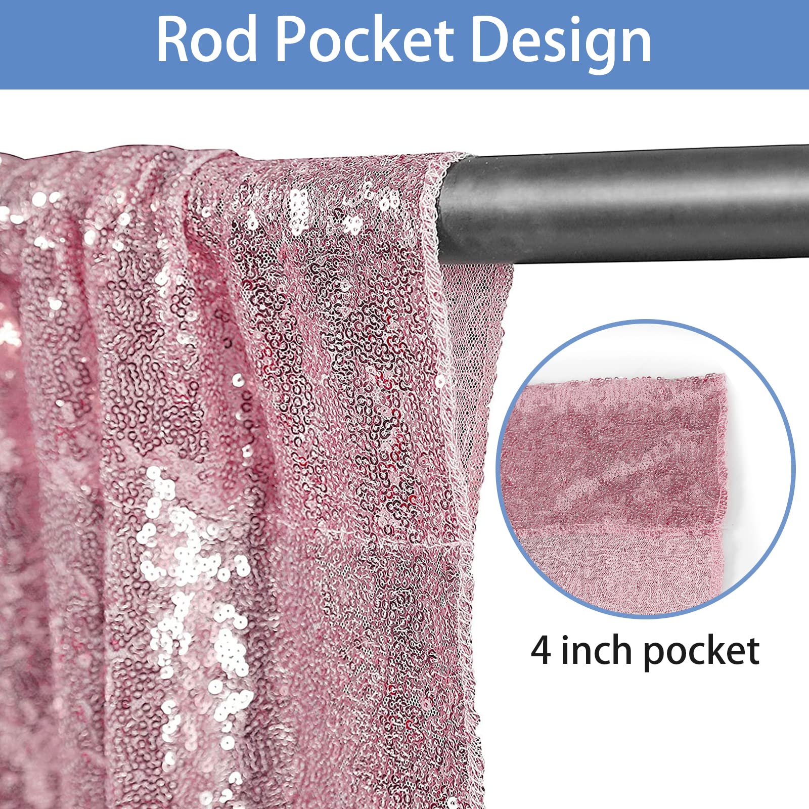 Hahuho Rose Pink Sequin Backdrop Curtain, 4Pcs 2Ftx8Ft Glitter Backdrop Curtain For Parties, Christmas, Wedding, Banquet Decorat