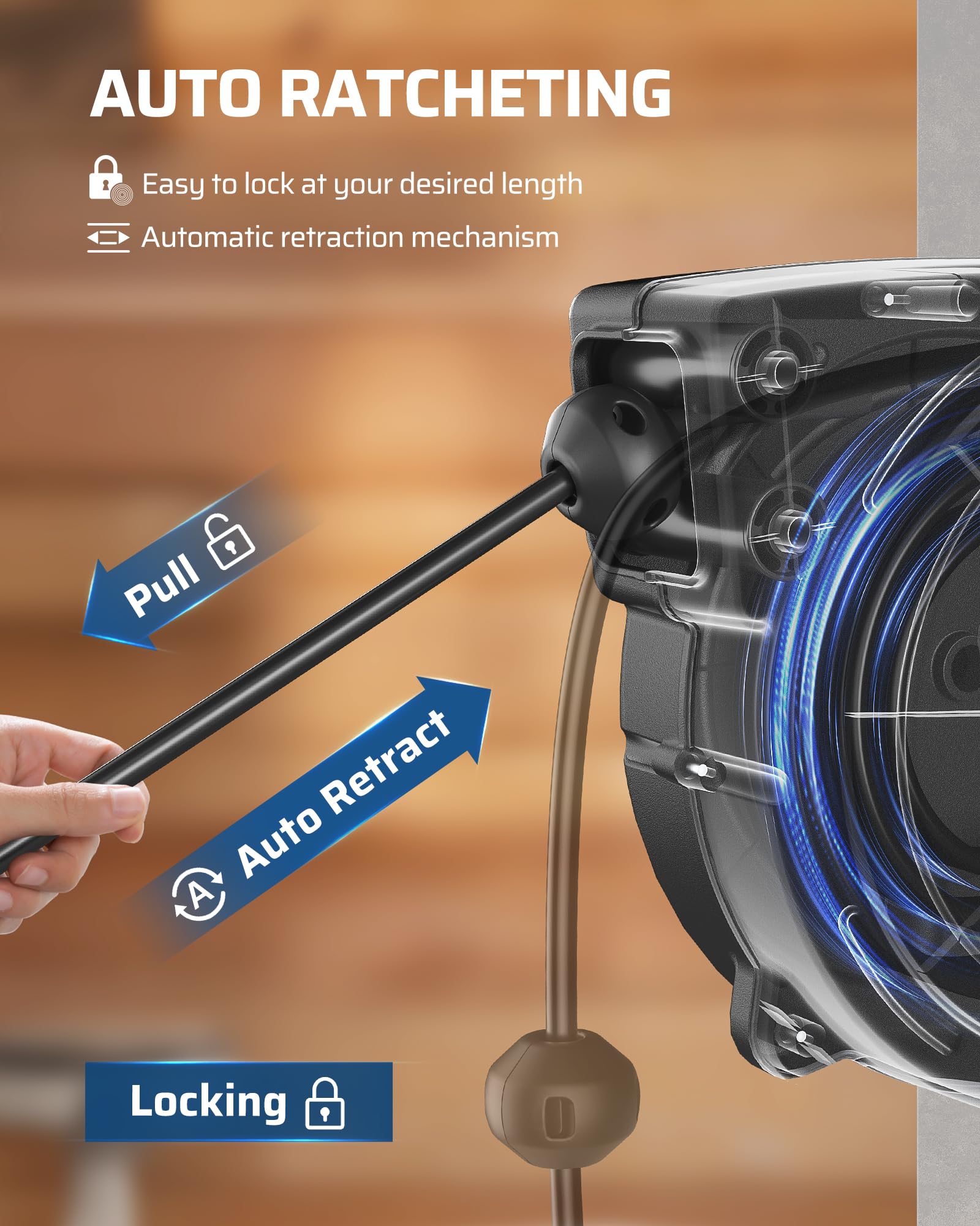 Dewenwils Retractable Extension Cord Reel, 50Ft Heavy Duty Power Cord, 14/3Awg Sjtow, Lighted Triple Tap Outlets, 13 Amp Circuit