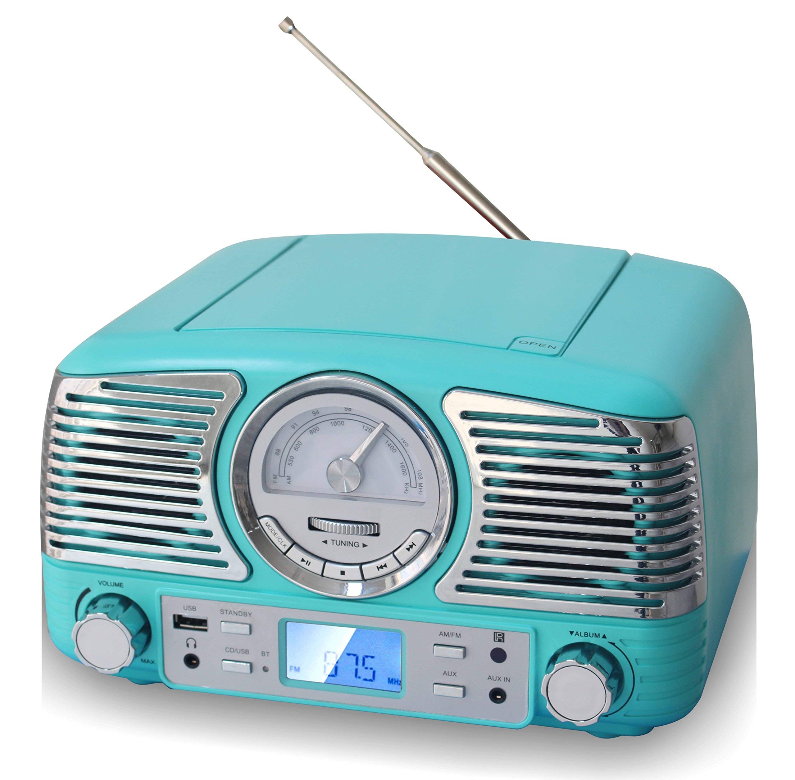 TechPlay QT62BT Turqouise , Retro design compact stereo CD, with AM/FM rotary knob, Wireless Bluetooth reception and USB port. W