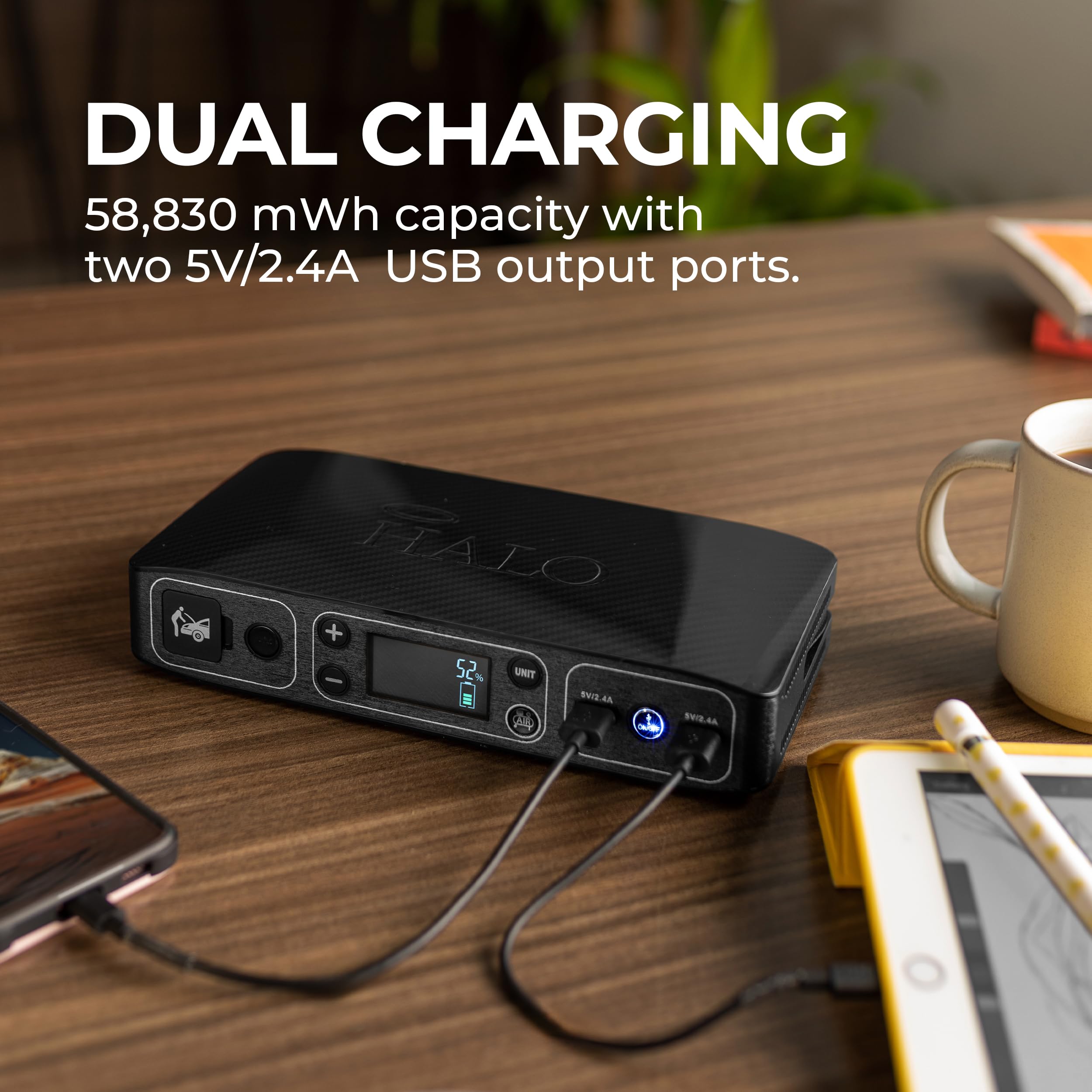 Halo Bolt Air 58830 Mwh Portable Emergency Power Kit With Tire Pump, 4 Interchangeable Air Nozzles, Extra Accessory Kit, Car Jum