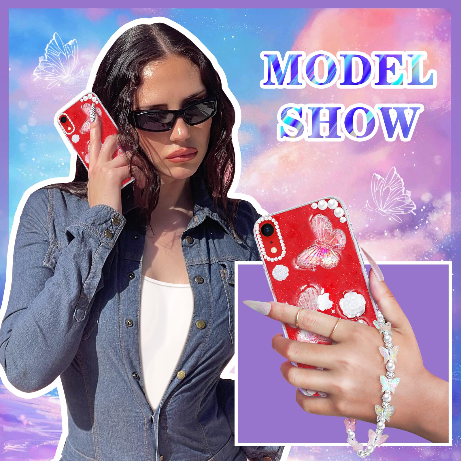 Goocrux (3In1 Case For Apple Iphone Xr Butterfly Glitter Handmade Sequin Sparkle Pretty For Women Girls Clear Design Crystal Pea