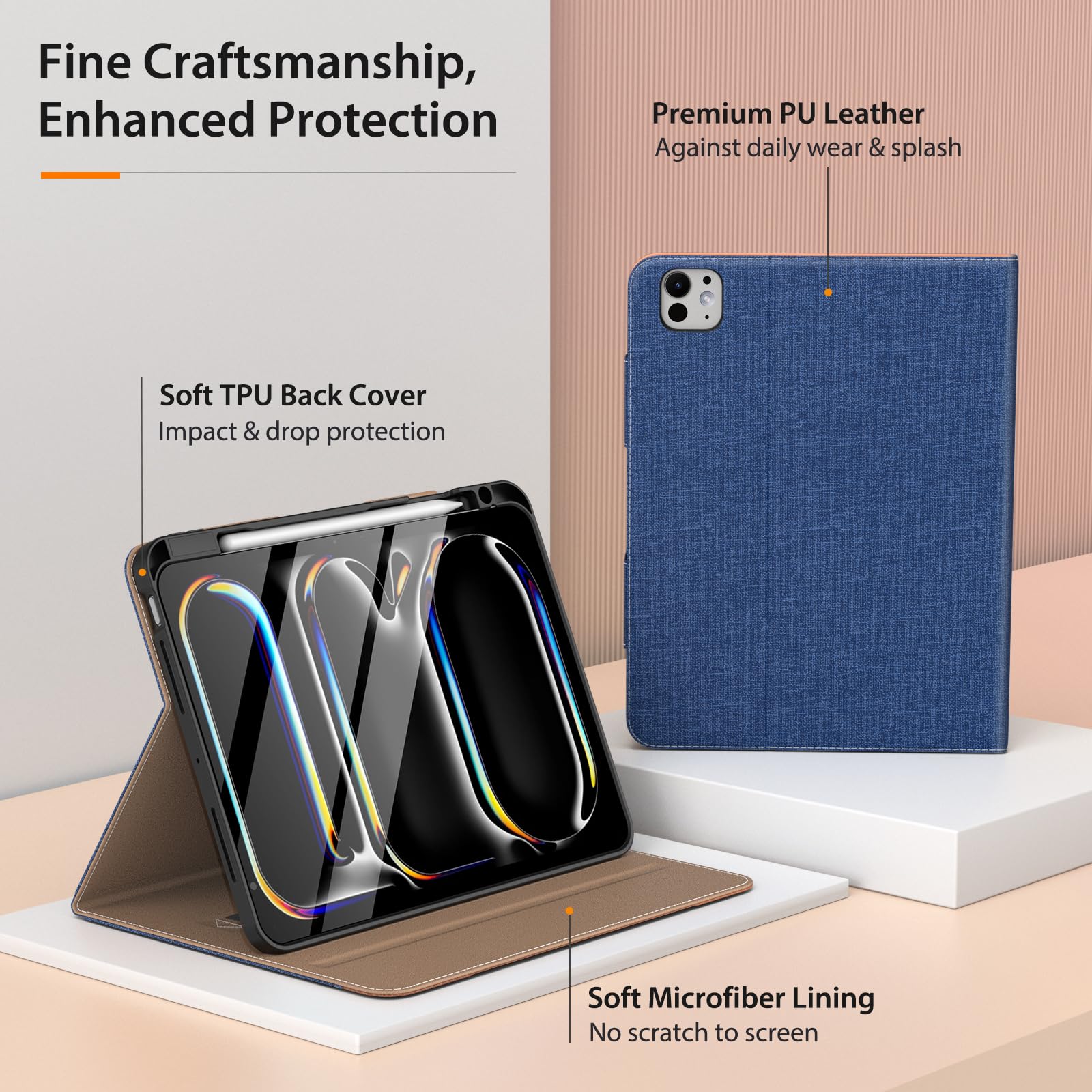 MoKo Case for iPad Pro 11 Inch M4 2024 (5th Generation) with Pencil Holder & Pocket, Built in Hand Strap, Multi Angle Viewing, Premium PU Leather Folio Cover for iPad Pro 11 2024, Denim Blue & Brown