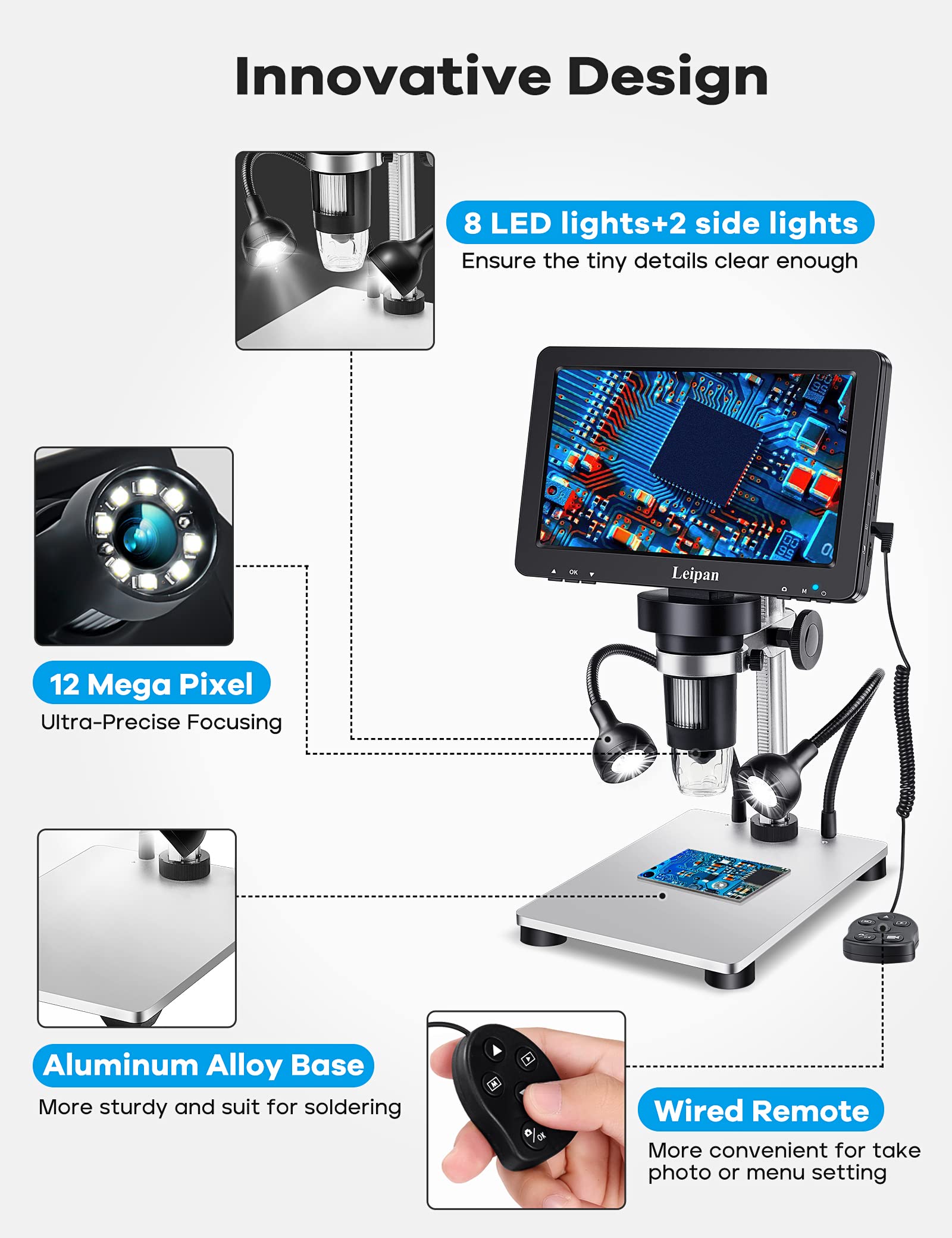 7'' Lcd Digital Microscope 1200X,Leipan 12Mp Coin Microscope With Screen For Adults,1080P Video Microscope With 12Pcs Slides,Wir