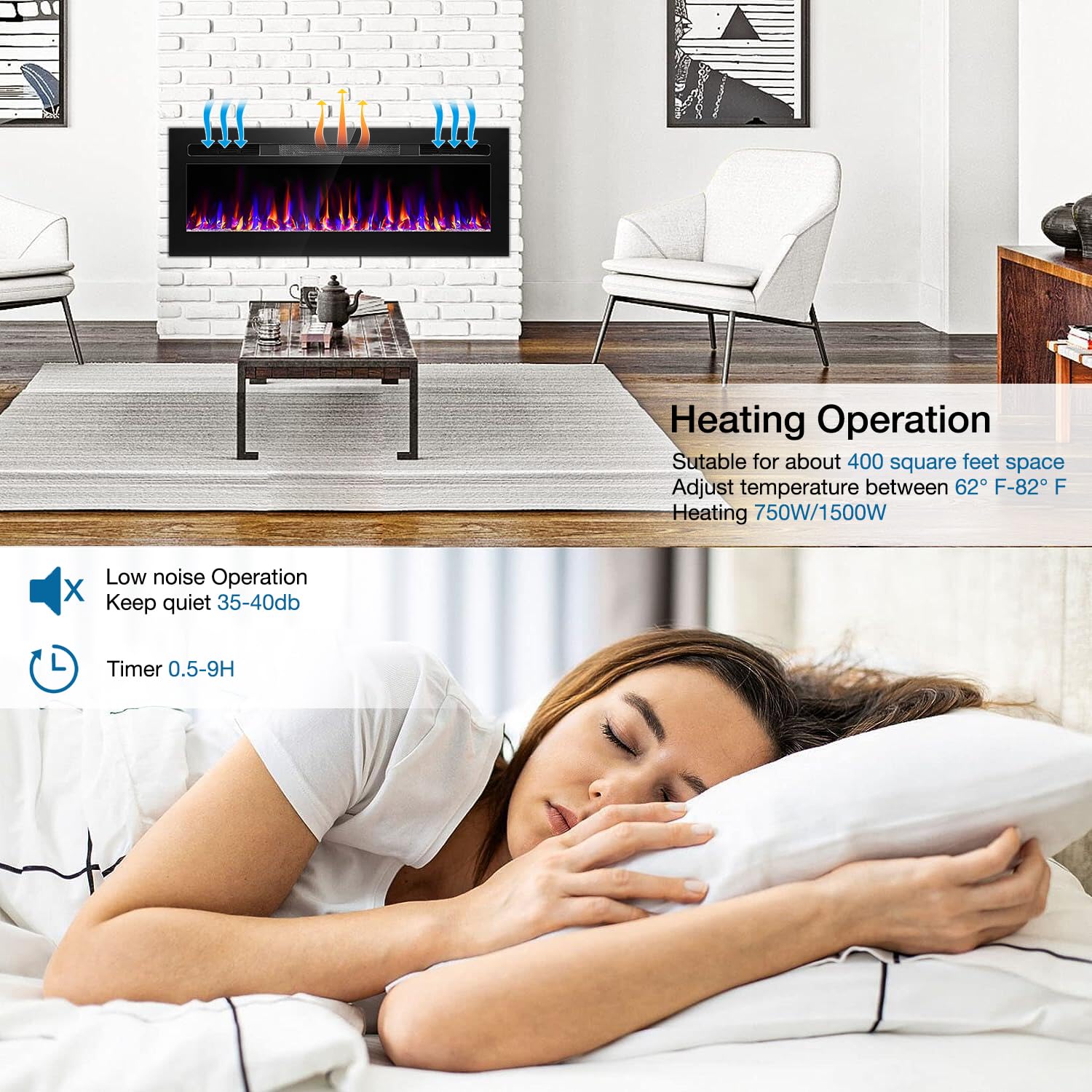 50 Inch Electric Fireplace Recessed And Wall Mounted, Fireplace Heater And Linear Fireplace, Ultra Thin Electric Fireplace, Low