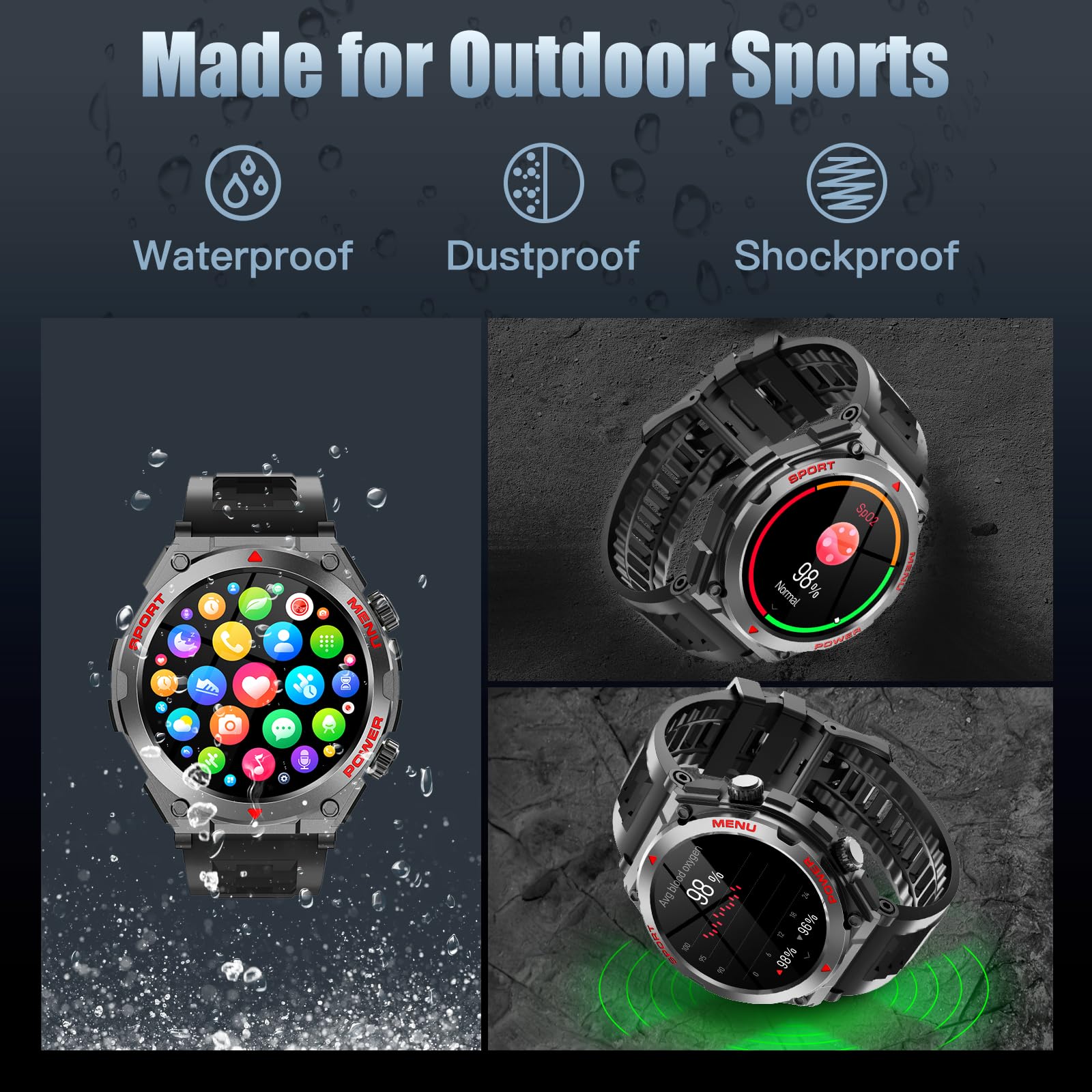 Military Smart Watch, 1.52 Inch Touch Screen Tactical Smartwatch With Text And Call, Heart Rate, Blood Oxygen, And Activity Trac