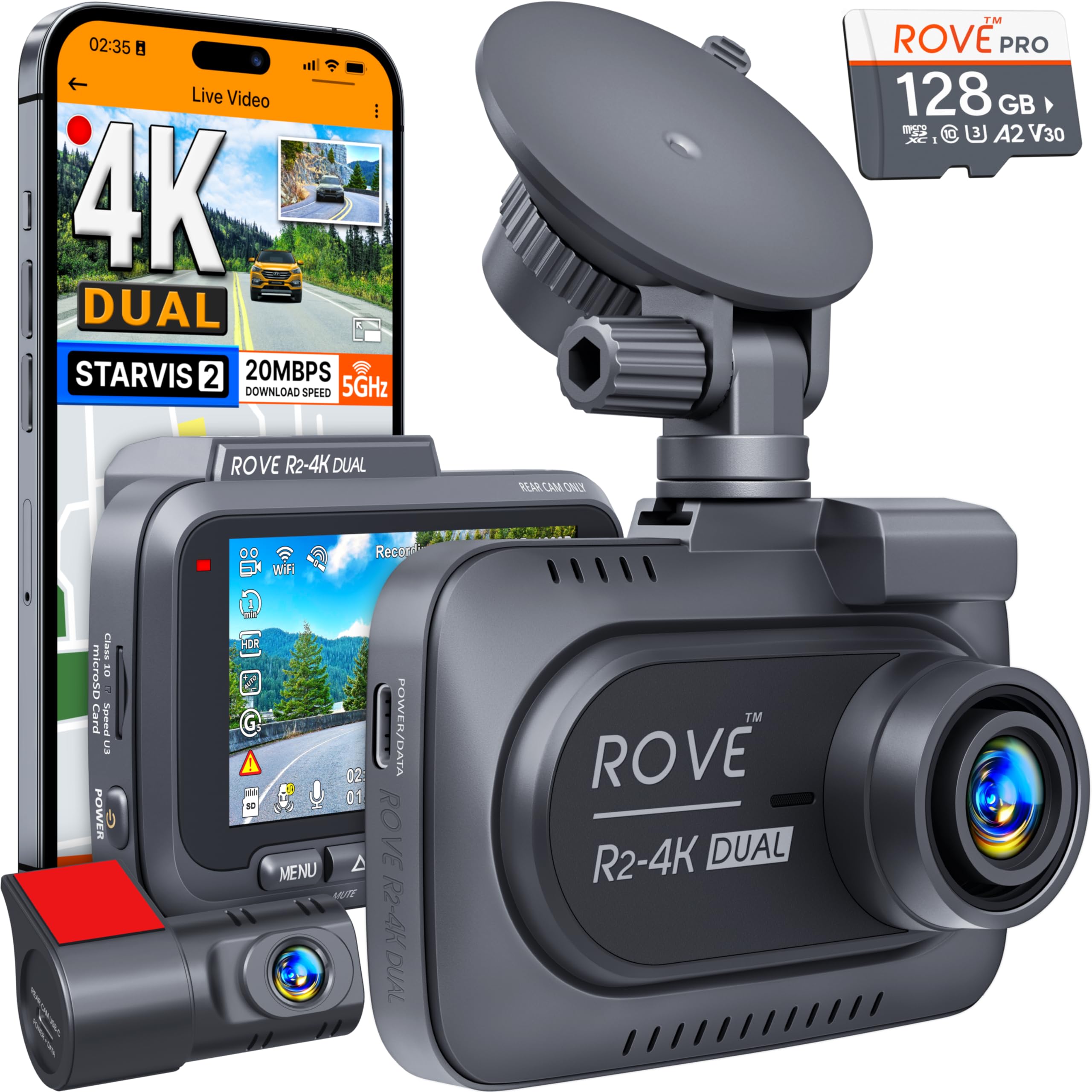 Rove R2 4K Dual Dash Cam Front And Rear, Starvis 2 Sensor, Free 128Gb Card Included, 5G Wifi   Up To 20Mb/S Fastest Download Spe