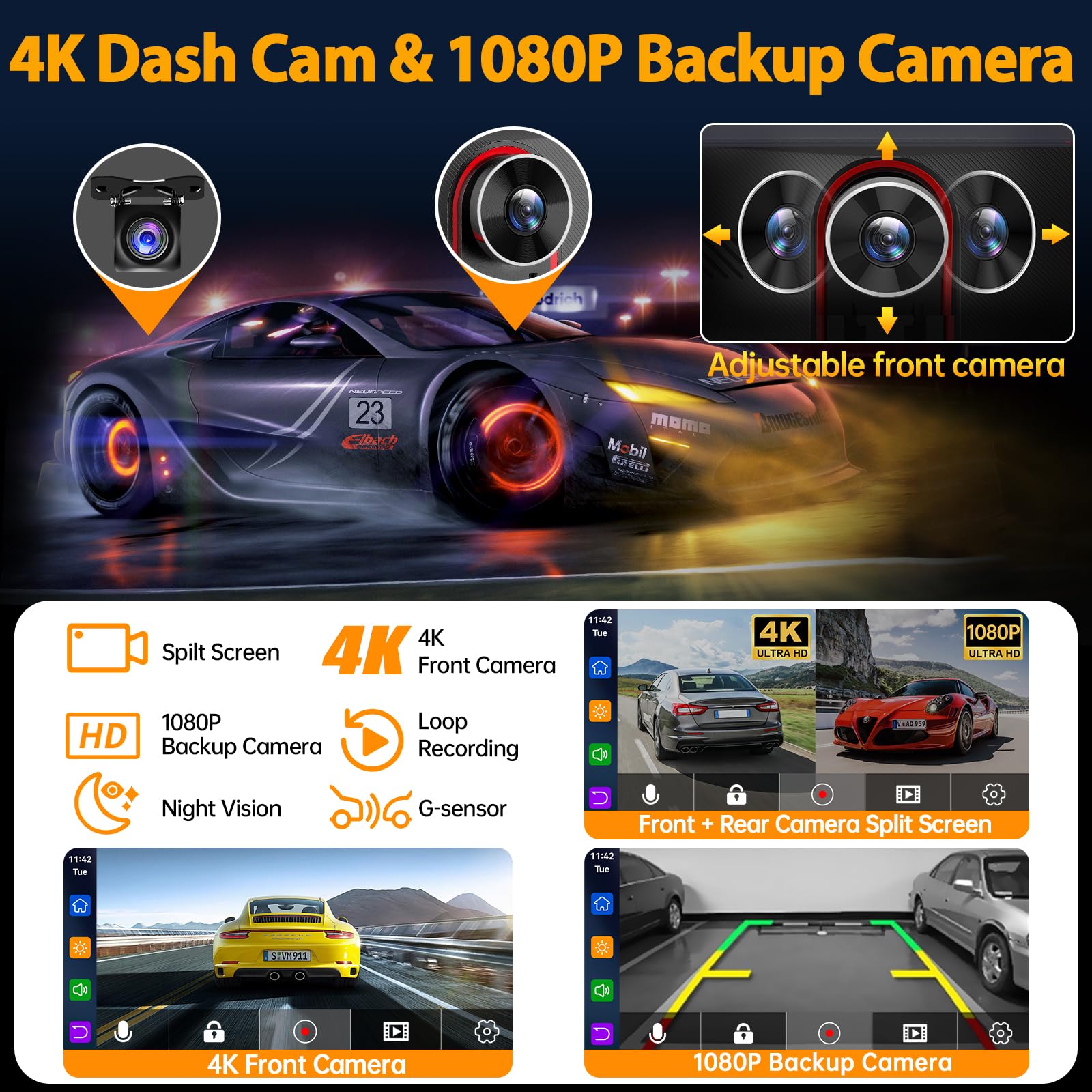 Wireless Apple Car Play With 4K Dash Cam, 9'' Portable Apple Carplay & Android Auto Car Stereo, Carplay Screen With 1080P Backup