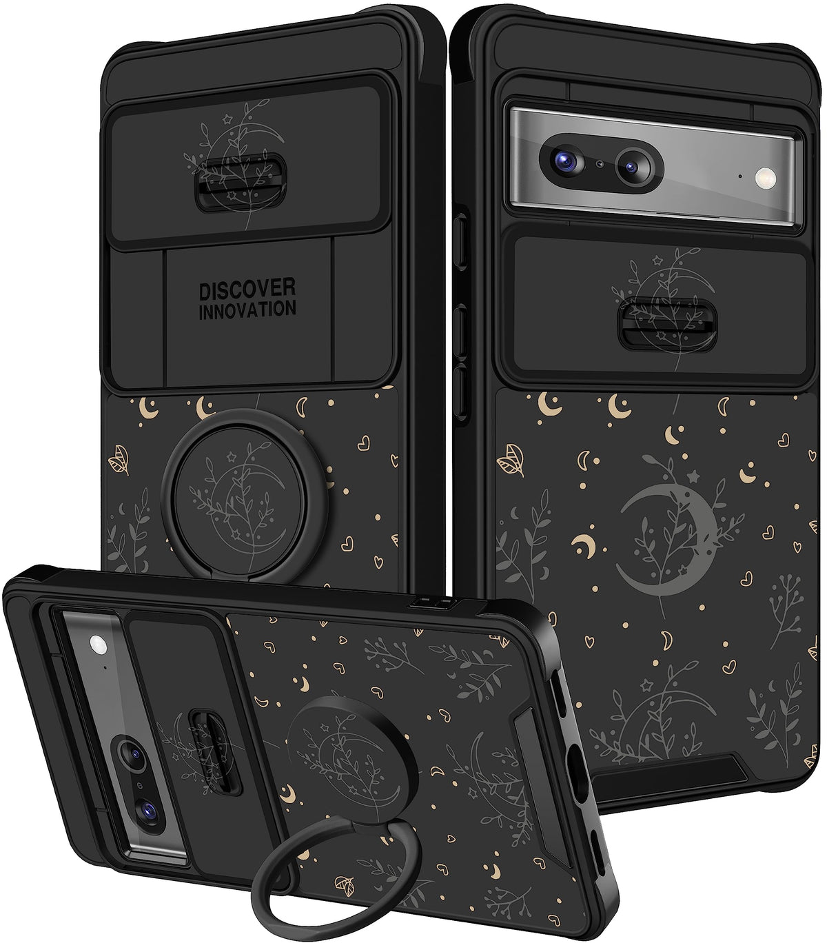 Funermei (2In1 For Google Pixel 7 Case For Women Moon Star Cute Girls Black Phone Cover Girly Pretty Moon Planet Design With Cam
