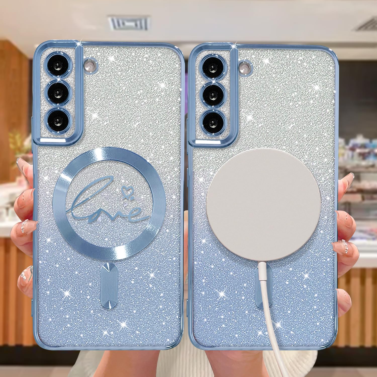 Zonrw For Samsung Galaxy S22 Case Magnetic,For Women Girl Soft Cute Luxury Love Heart Plating Bling Gradient Glitter Phone Case