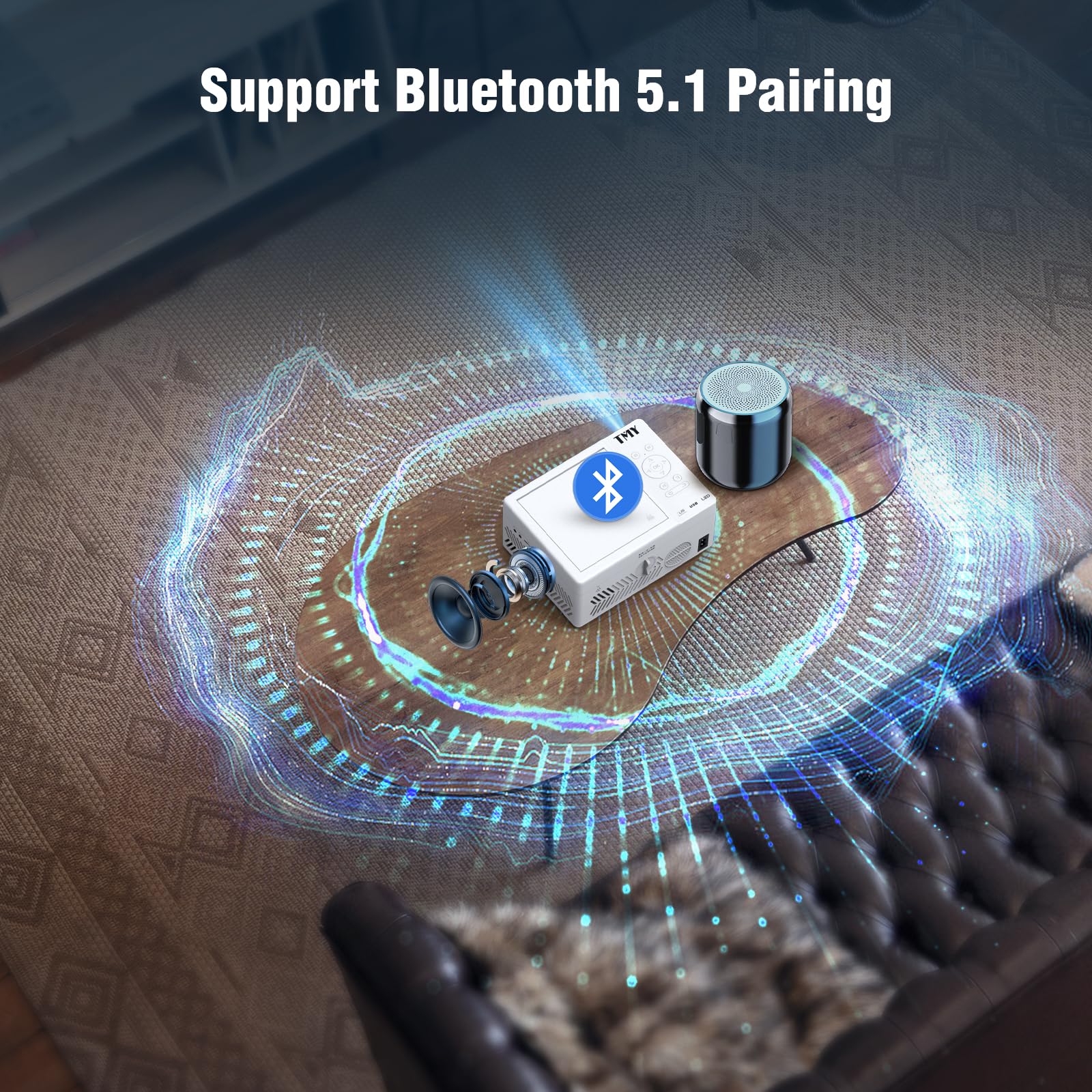 TMY 1080P Mini Bluetooth Projector with Built-in DVD Player, Portable for Outdoor Movies, Compatible with Smartphone/PC/TV Stick/HDMI/USB/TF