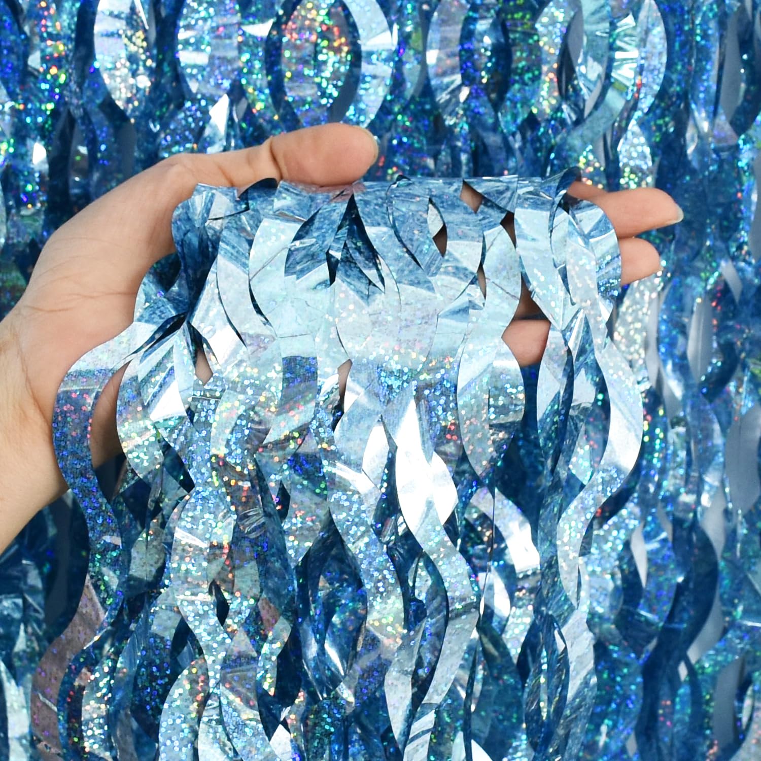 Toniful 3Pcs Wavy Metallic Tinsel Foil Fringe Curtains Light Blue Streamer Backdrop For Photo Booth Props,Party Door Wall Curtai