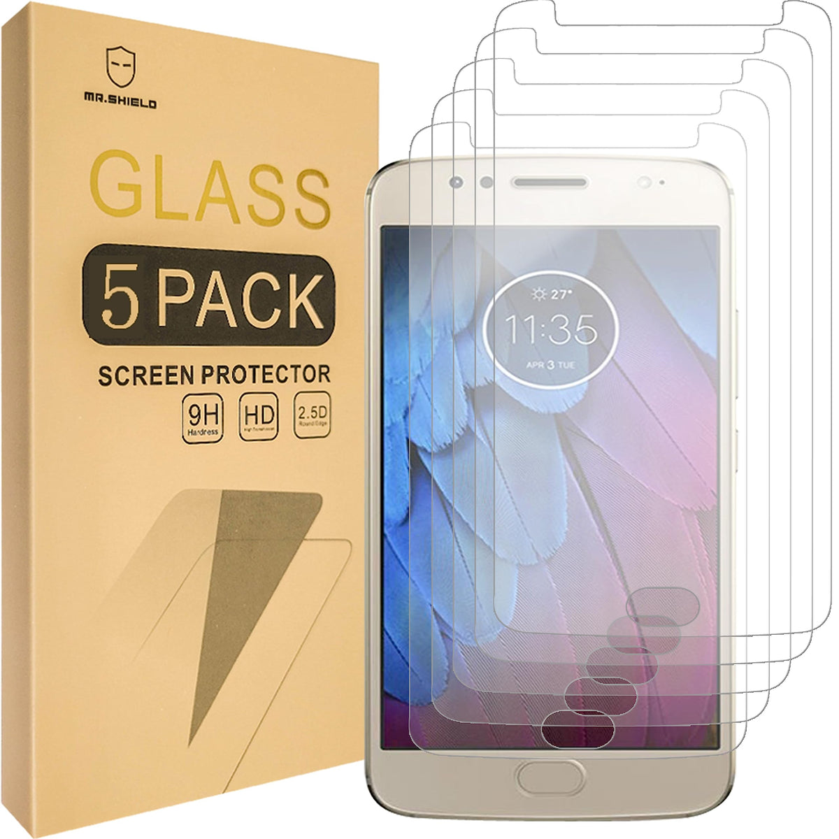 Mr.Shield [5 Pack] Designed For Motorola Moto G5S Plus/Moto G5S+ (Will Not Fit For G5 Plus) [Tempered Glass] Screen Protector Wi