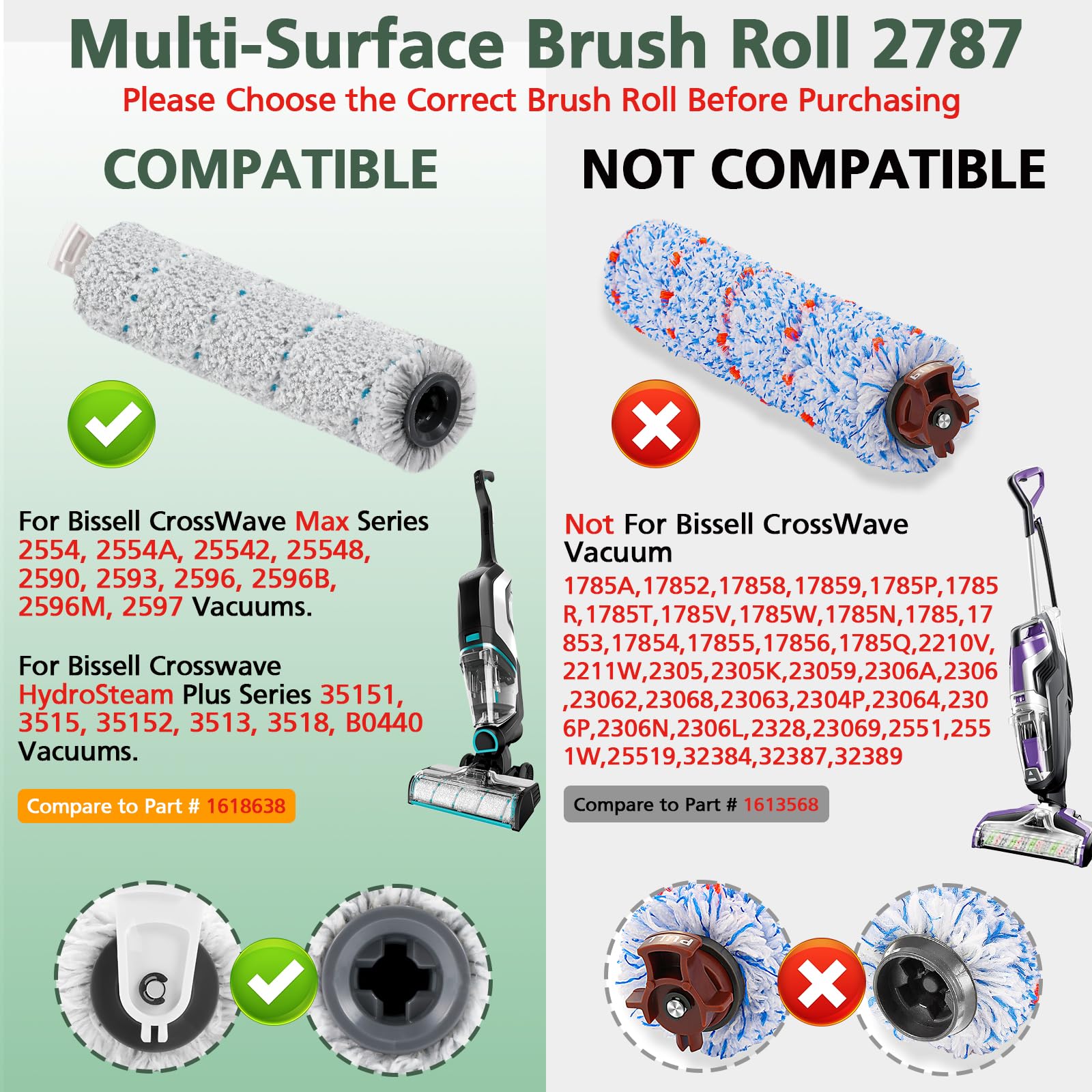 3 Pack Multi Surface Brush Rolls 2787 And Vacuum Filters 1866 Compatible With Bissell Crosswave Max 2554 2554A 2590 2593 2596, H