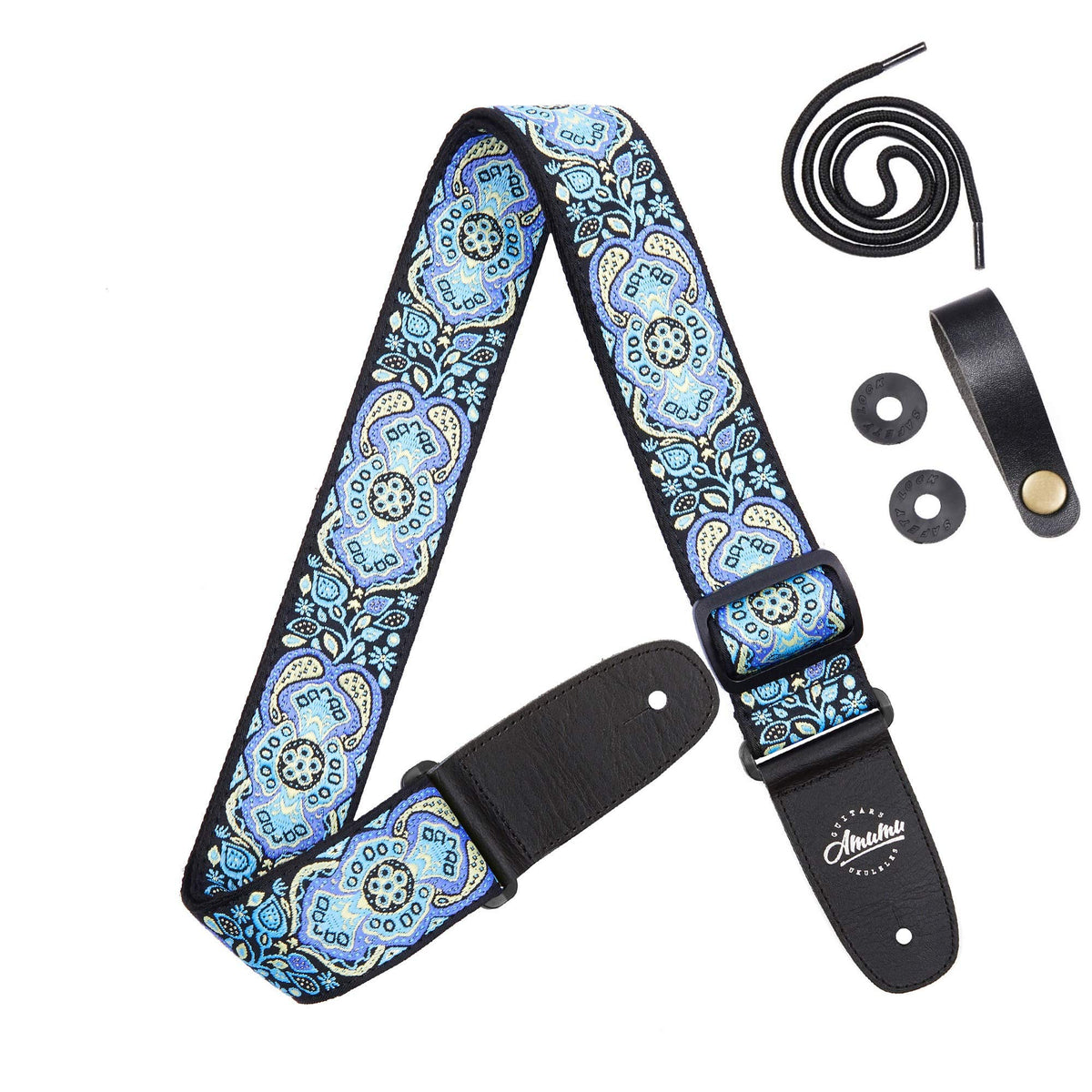 Amumu Cotton Embroidery Guitar Strap For Acoustic, Electric, Bass Guitars  Blue