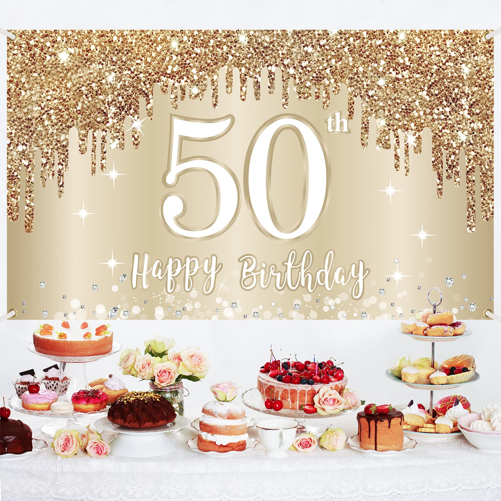 Zirtorei Happy 50th Birthday Banner Backdrop, Gold White Photo Booth Decoration, 72.8 x 43.3 Inch Party Supplies for Women