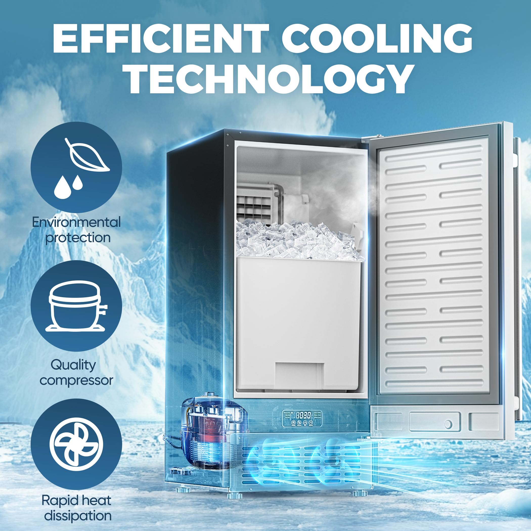 Coolski Commercial Under Counter Ice Maker Machine, 130Lbs/Day With 30Lbs Ice Storage, Stainless Steel Built-In Freestanding Ice