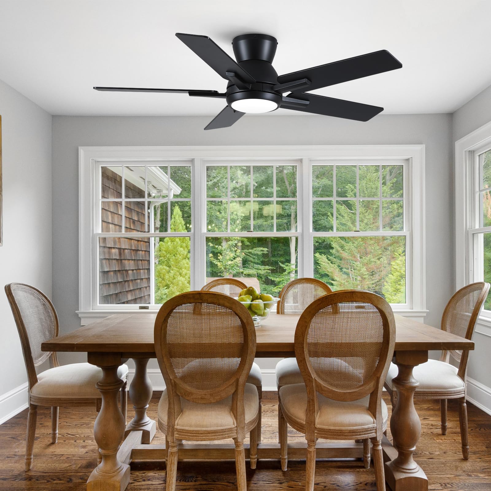 42 Inch Ceiling Fans With Lights,Black Low Profile Ceiling Fan With Light And Remote Control,Flush Mount,6 Speed Reversible Dc M