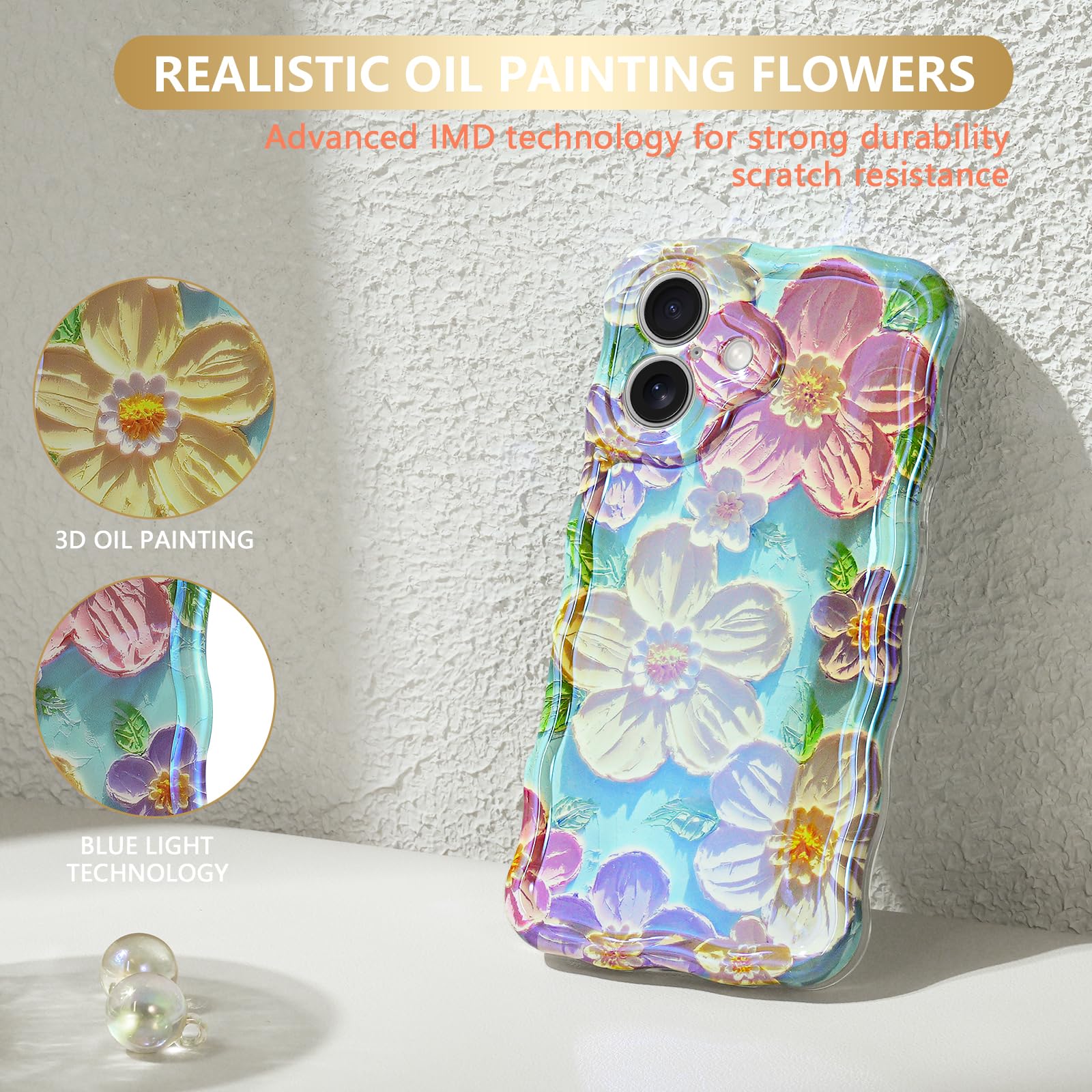 Sheheme For Iphone 16 Case [With 9H Screen Protectors] Wave Bumper Colorful Oil Painting Flowers Print Blue Glossy Soft Tpu Phon