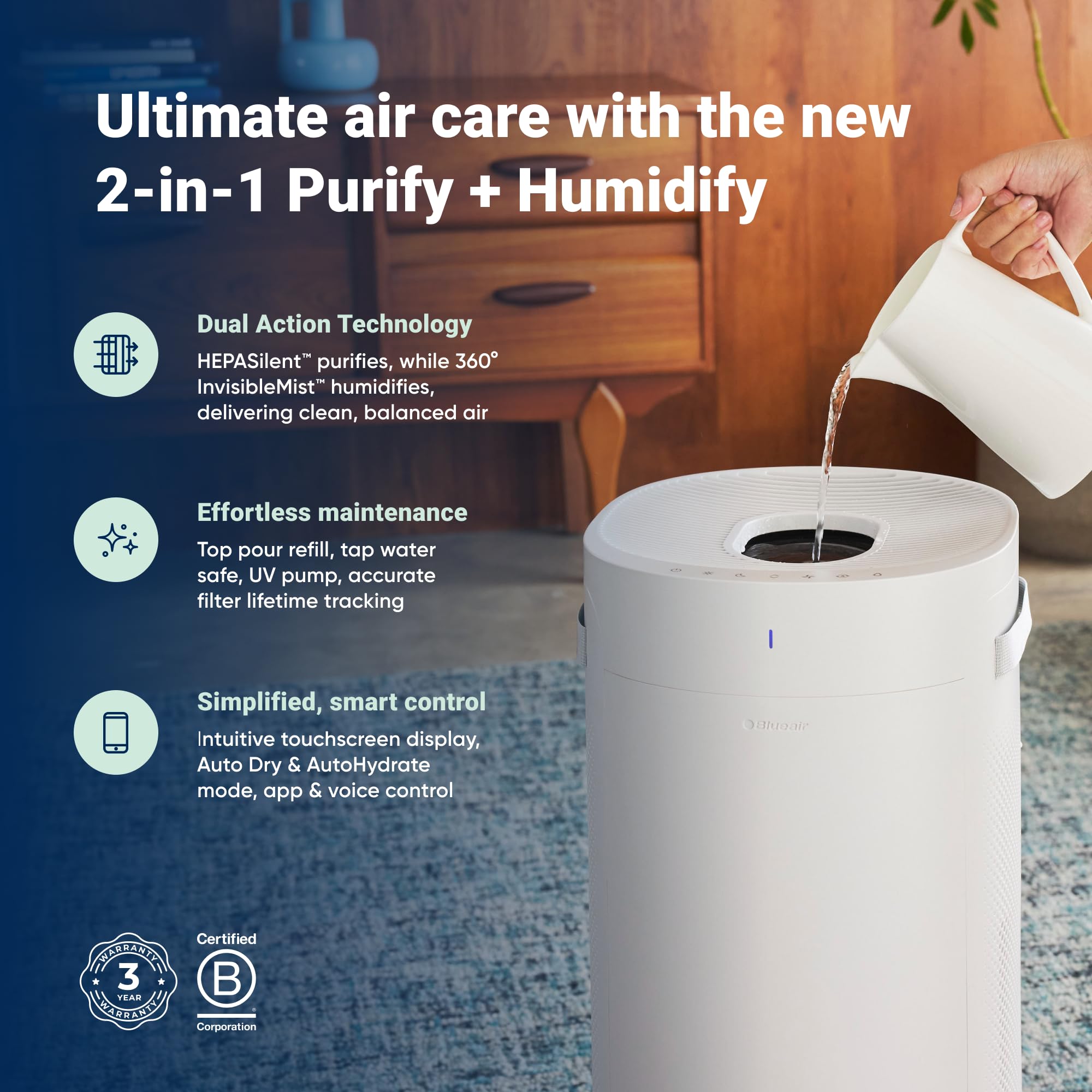 Blueair 2 In 1 Purify + Humidify: Air Purifier And Humidifier With Hepasilent And 360 Invisiblemist Technology, Top Pour   Cover