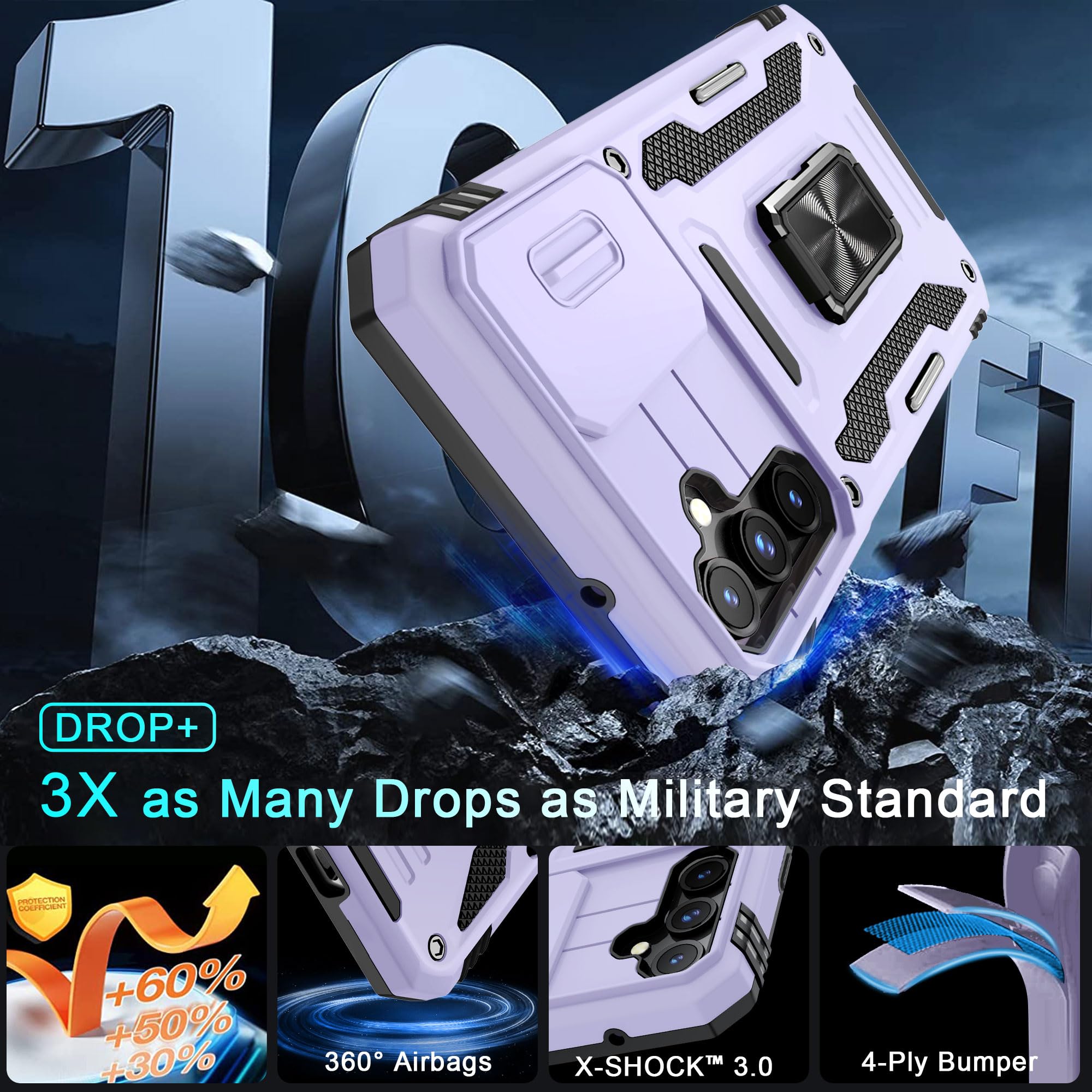 Deerlamn Case For Samsung Galaxy S23 Fe With Slide Camera Cover+Screen Protector(1 Pack),Rotated Ring Kickstand Military Grade S