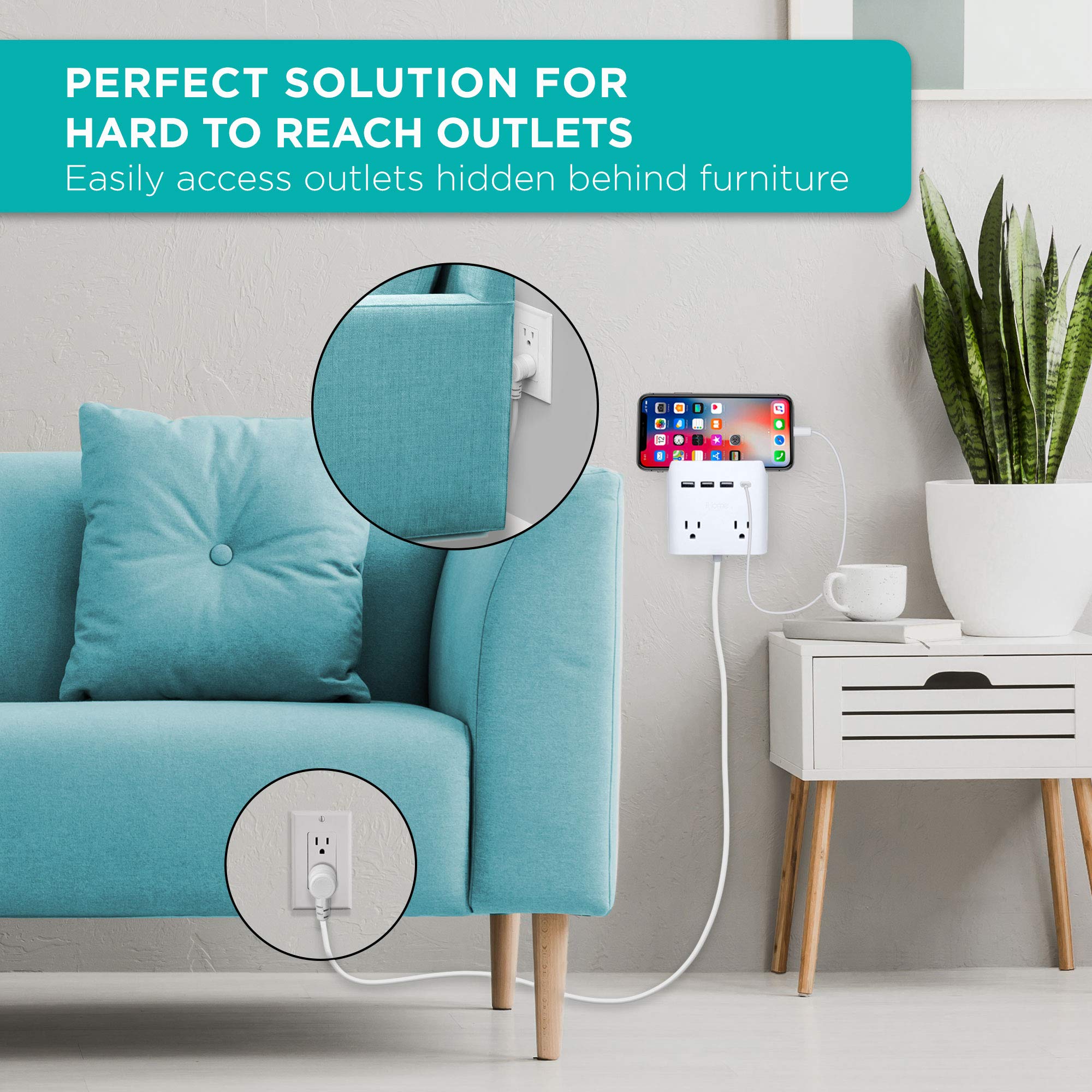 Ihome Power Reach Multiple Plug Outlet Extender With 2 Outlets, 4 Port Usb Wall Charger (1 Usb C, 3X Usb A), 6 Ft Extension Cord