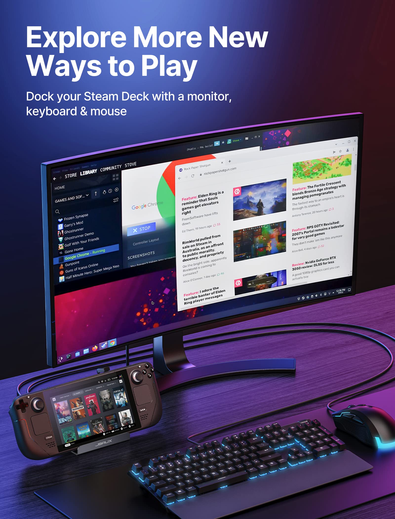 Jsaux Docking Station For Steam Deck/Rog Ally/Legion Go/Msi Claw, 5-In-1 Steam Deck Dock With Hdmi 4K@60Hz, 100Mbps Ethernet, Du