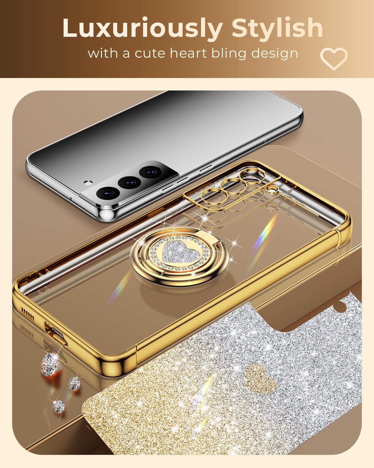 Xyz For Samsung Galaxy S22 Case With Stand, Galaxy S22 Case With Double Ring, Women Girls Bling Luxury Glitter Clear Phone Case